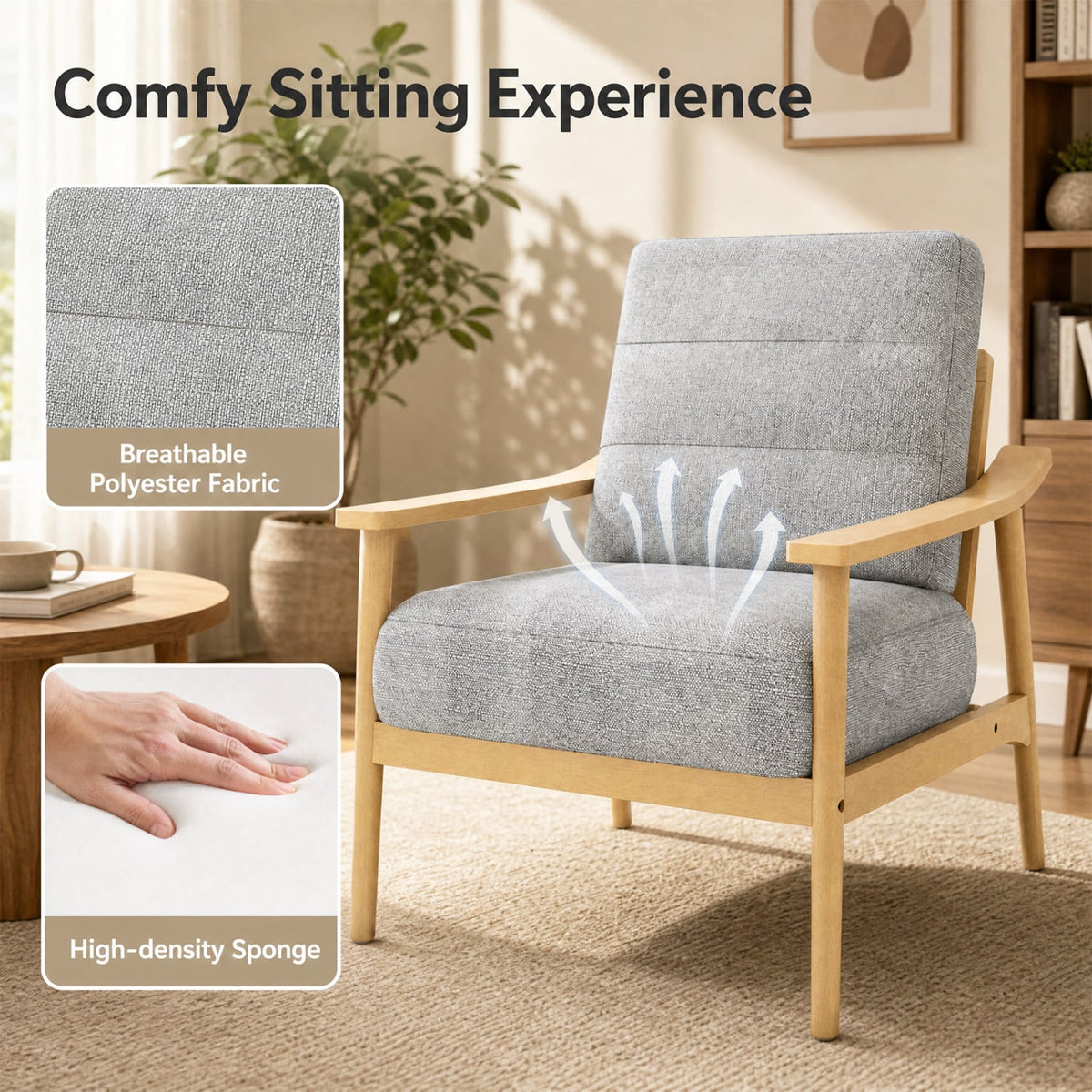 Modern Accent Chair with Rubber Wood Armrests and Legs for Living Room-Natural-Accent Chairs-DECOROLALA