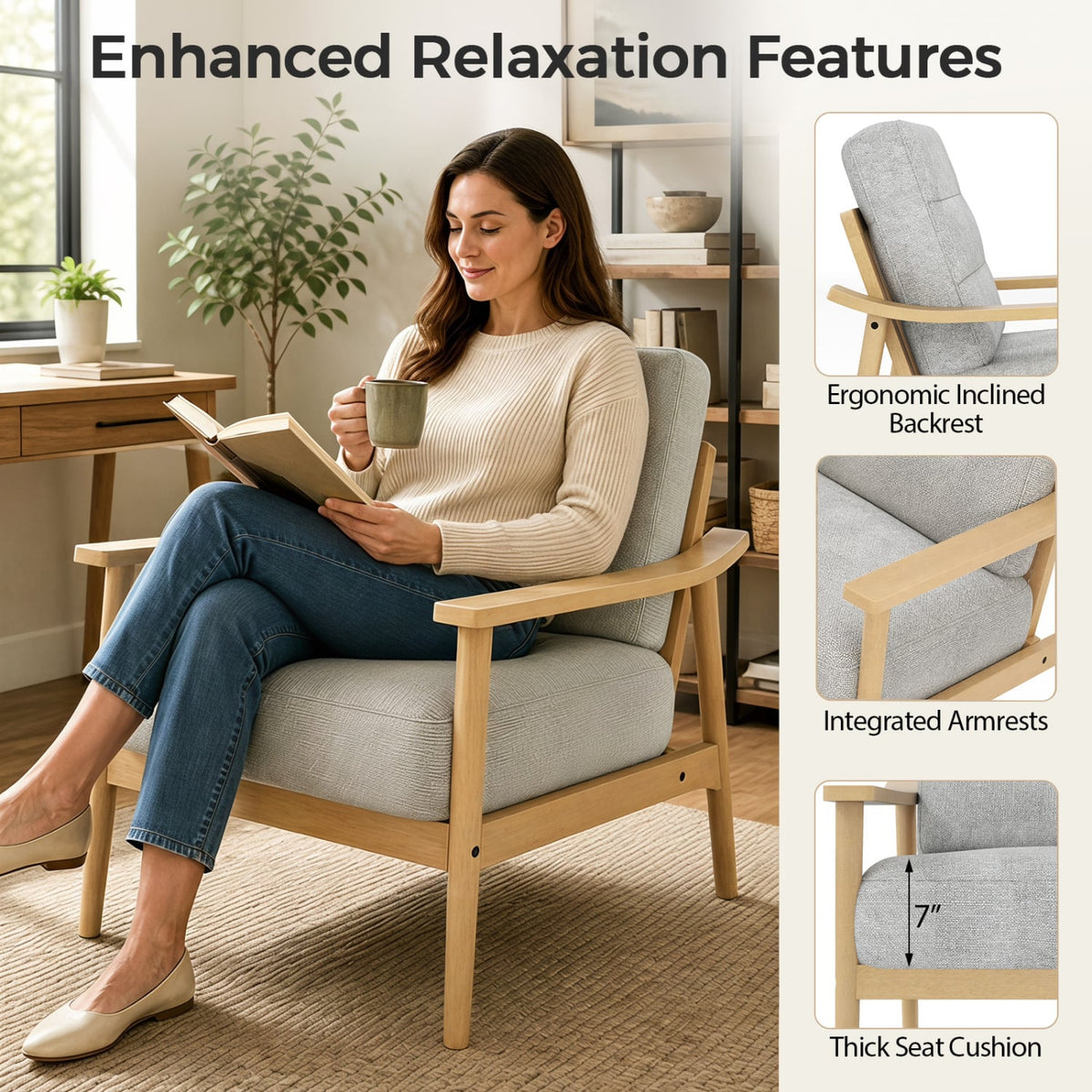 Modern Accent Chair with Rubber Wood Armrests and Legs for Living Room-Natural-Accent Chairs-DECOROLALA