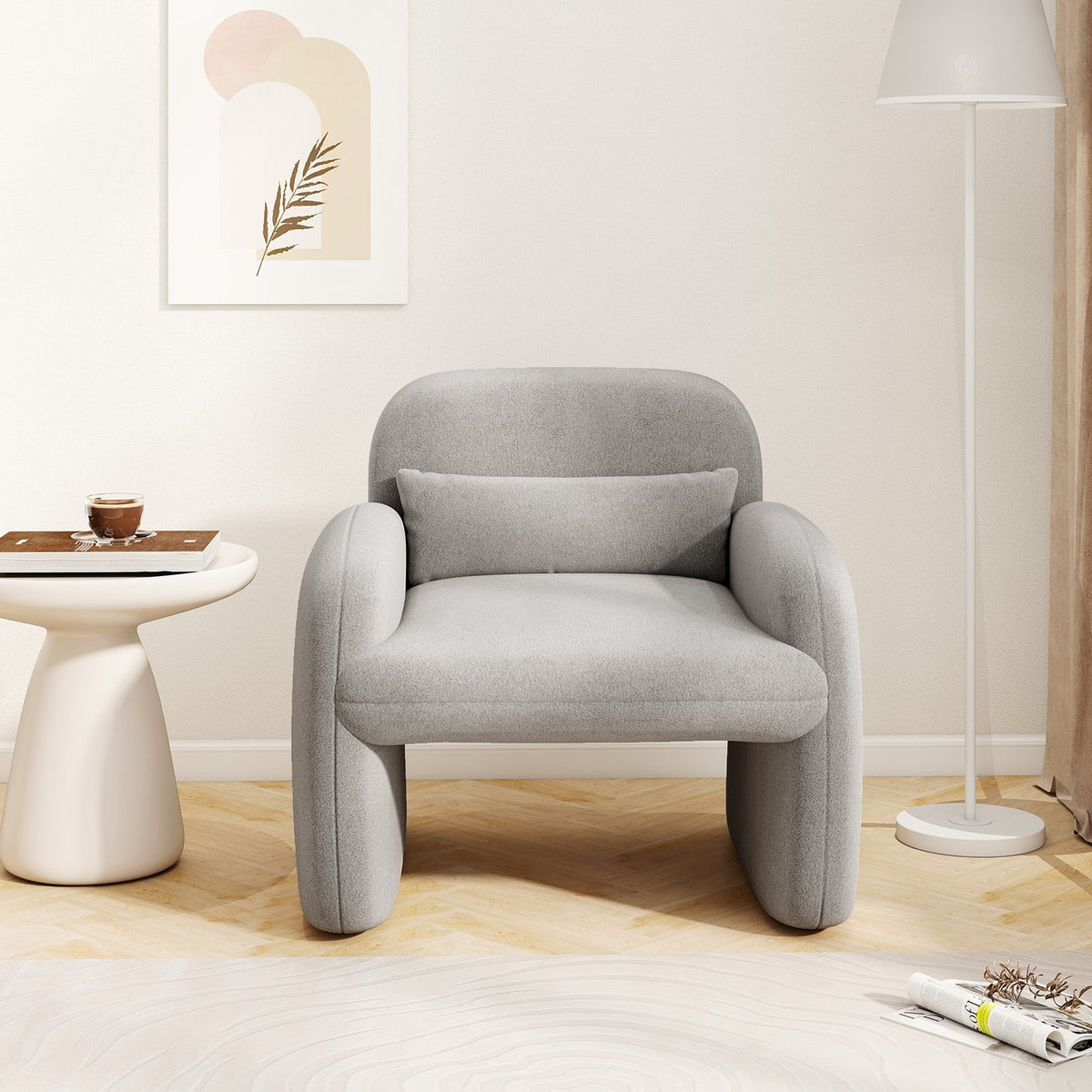 Modern Accent Chair with Waist Pillow and Armrests for Living Room Bedroom-Gray-Accent Chairs-DECOROLALA