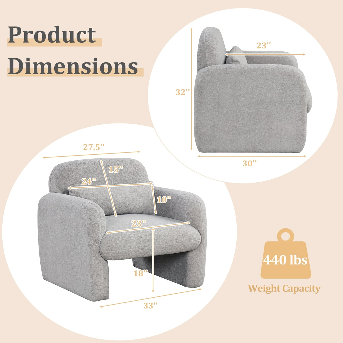 Modern Accent Chair with Waist Pillow and Armrests for Living Room Bedroom-Gray-Accent Chairs-DECOROLALA