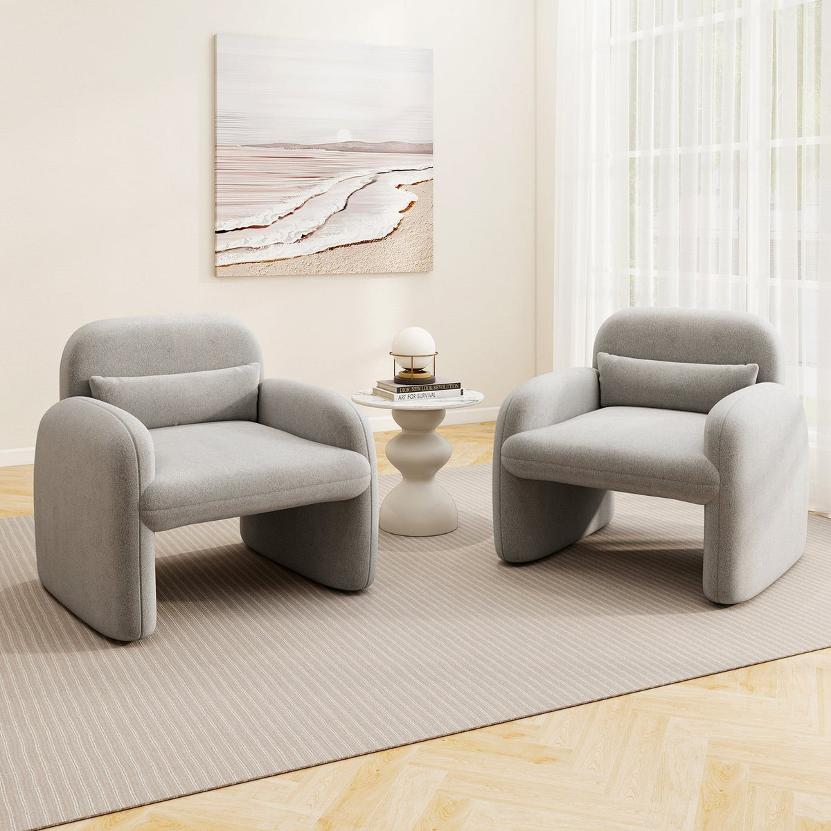 Modern Accent Chair with Waist Pillow and Armrests for Living Room Bedroom-Gray-Accent Chairs-DECOROLALA