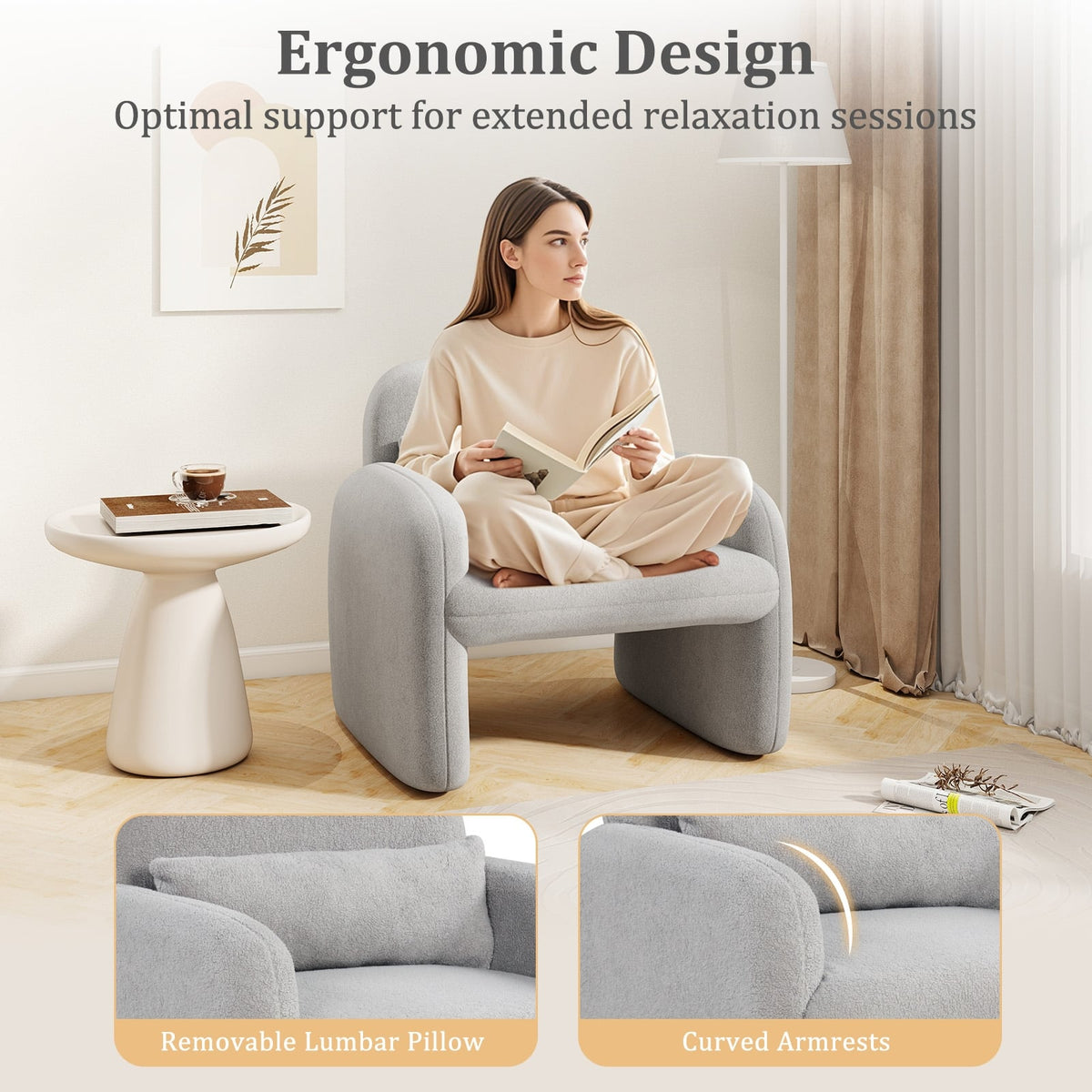 Modern Accent Chair with Waist Pillow and Armrests for Living Room Bedroom-Gray-Accent Chairs-DECOROLALA