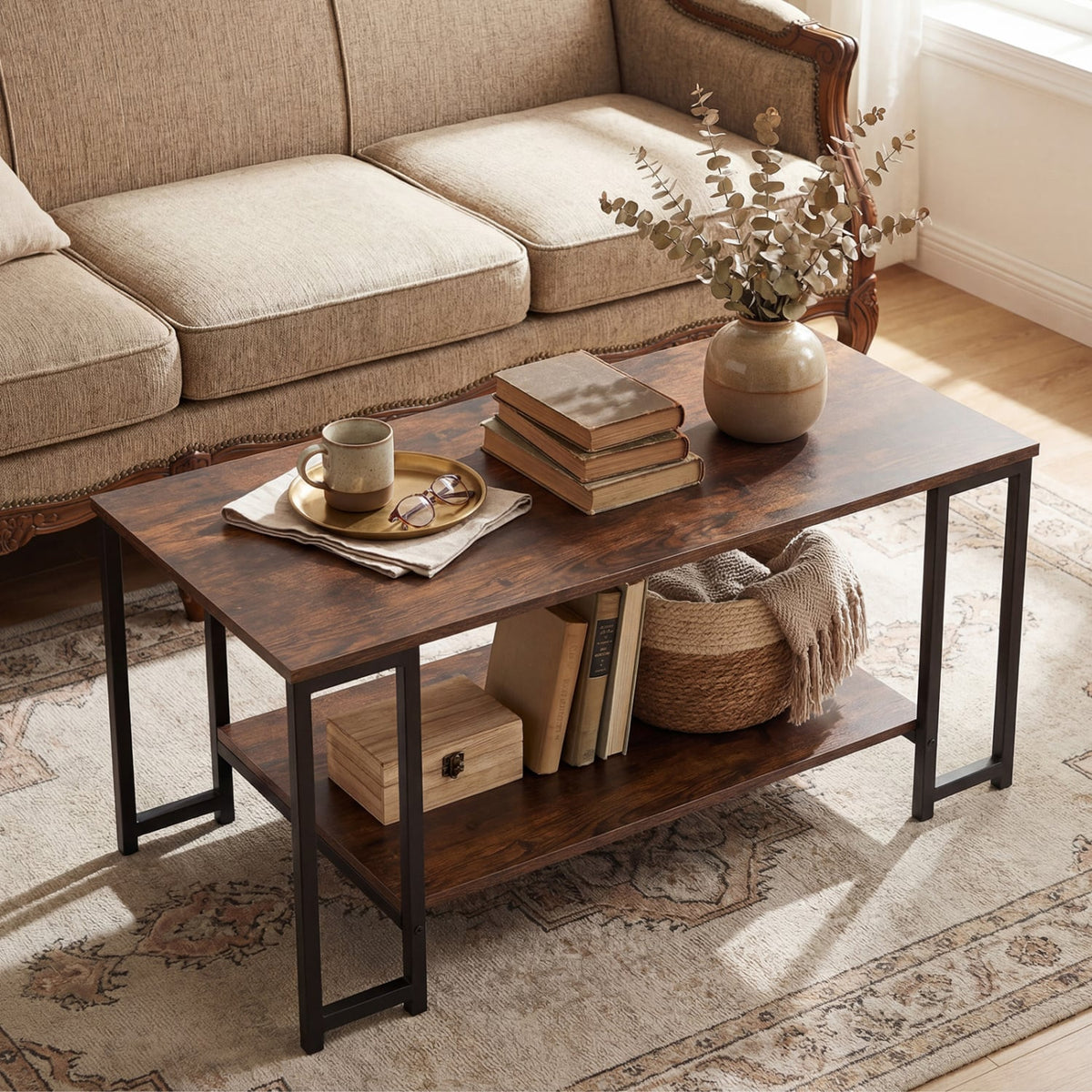 Modern Accent Table with Open Storage Shelf for Apartment and Lounge-Rustic Brown-Coffee Tables-DECOROLALA