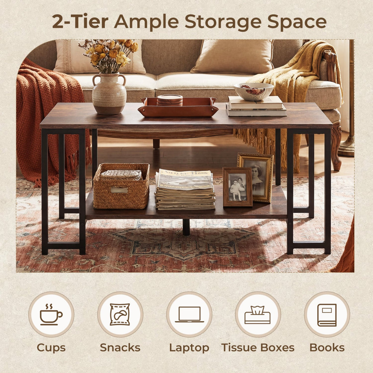 Modern Accent Table with Open Storage Shelf for Apartment and Lounge-Rustic Brown-Coffee Tables-DECOROLALA