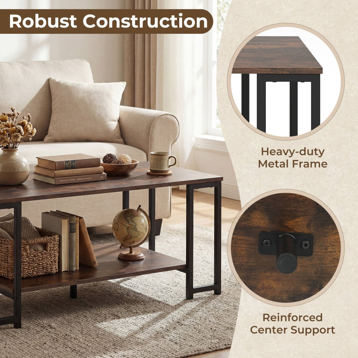 Modern Accent Table with Open Storage Shelf for Apartment and Lounge-Rustic Brown-Coffee Tables-DECOROLALA