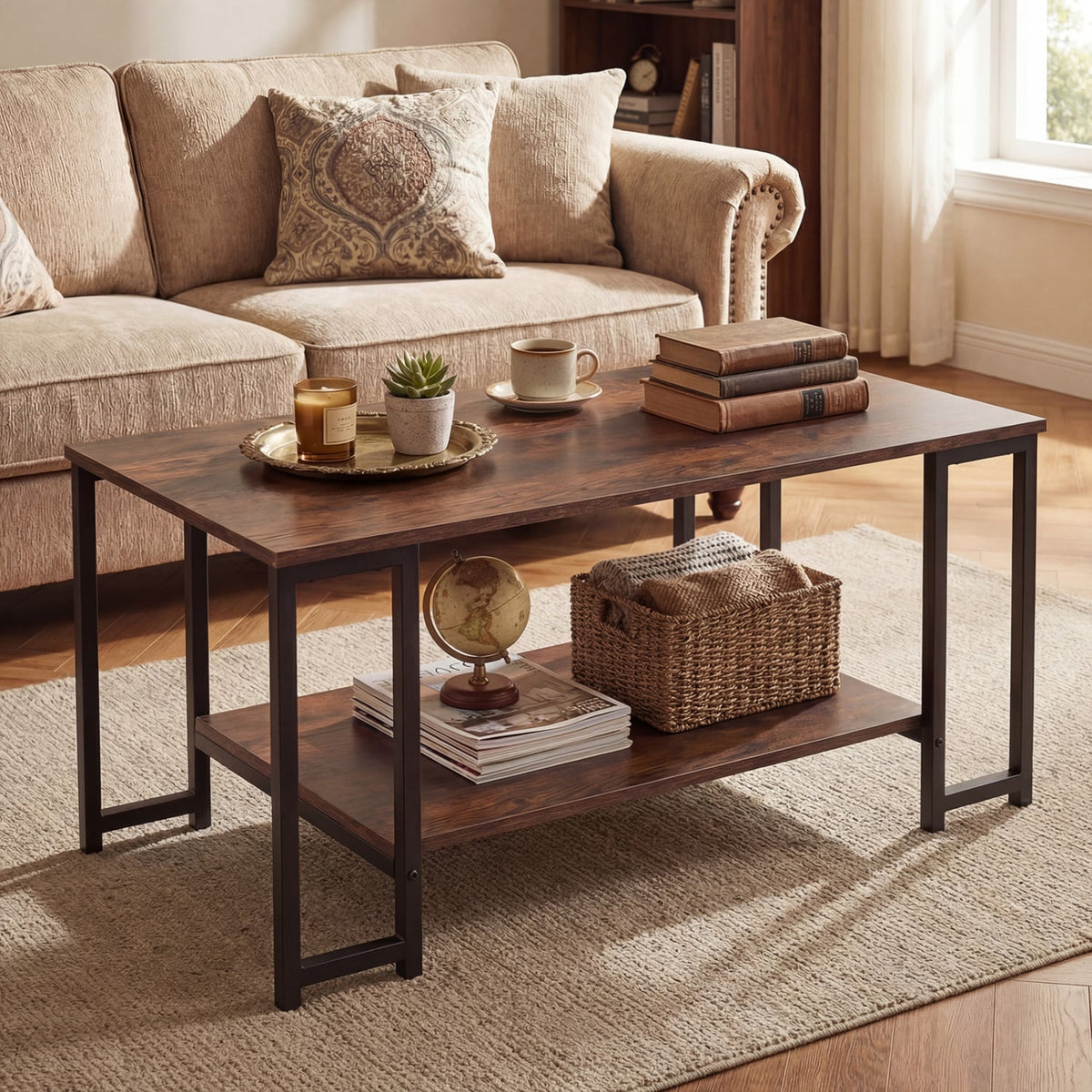 Modern Accent Table with Open Storage Shelf for Apartment and Lounge-Rustic Brown-Coffee Tables-DECOROLALA