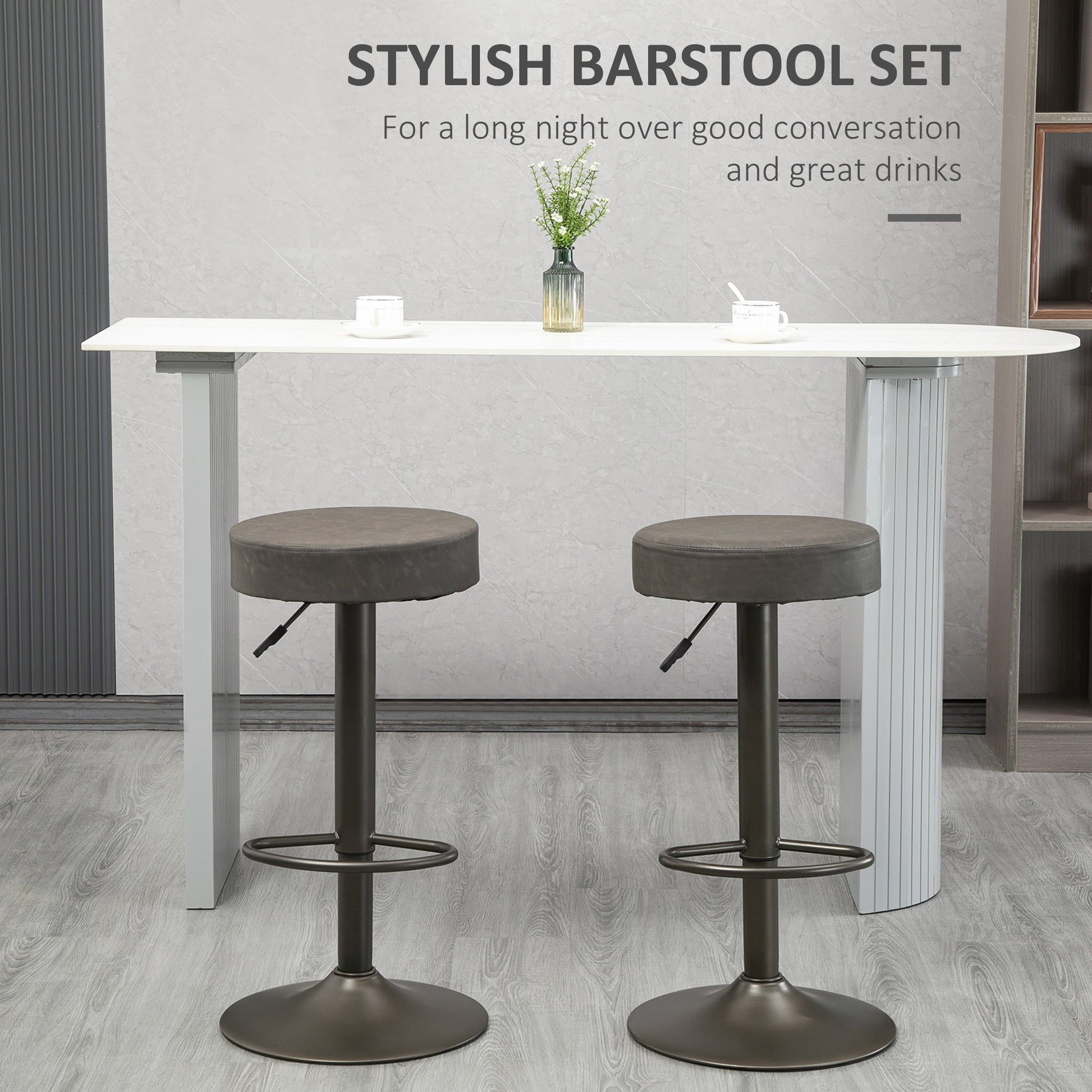Modern Adjustable Bar Stools Set of 2, Swivel Barstool with Footrest, PU Leather Round Top for Kitchen, Dark Grey-Home Furnishings > Kitchen & Dining Furniture > Bar Stools-DECOROLALA