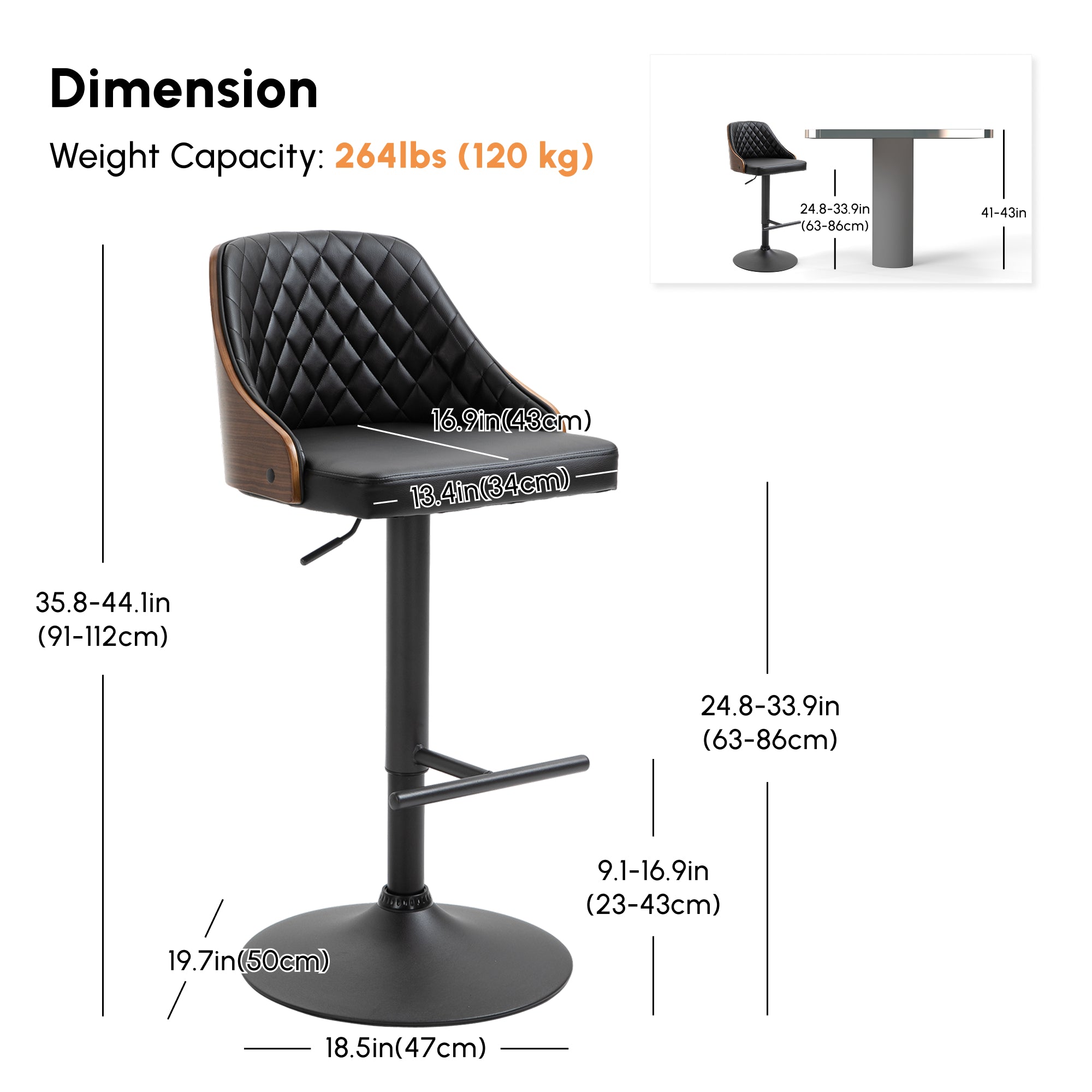 Modern Adjustable Swivel Bar Stools - Set of 2 Black PU Leather-Home Furnishings > Kitchen & Dining Furniture > Bar Stools-DECOROLALA