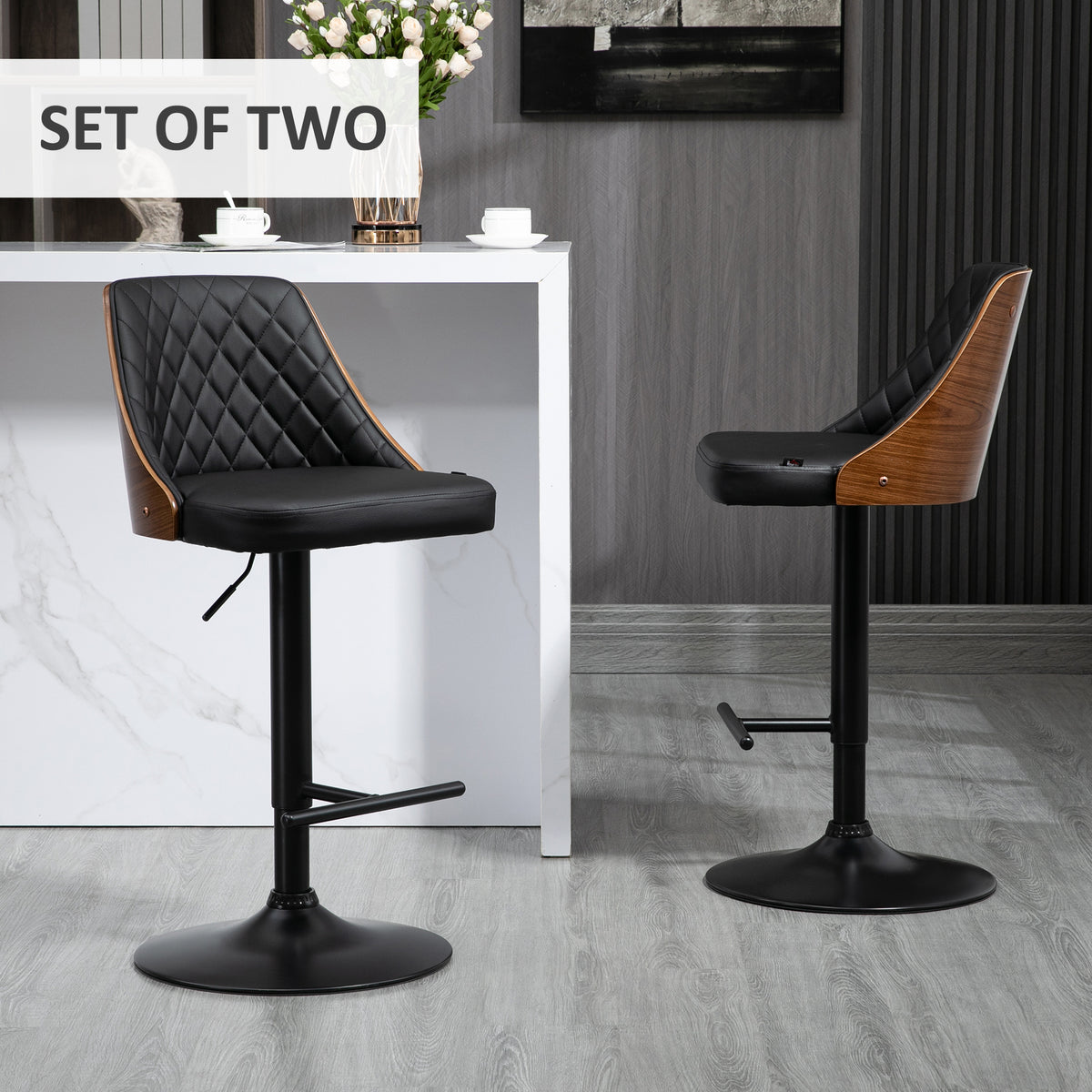 Modern Adjustable Swivel Bar Stools - Set of 2 Black PU Leather-Home Furnishings > Kitchen & Dining Furniture > Bar Stools-DECOROLALA