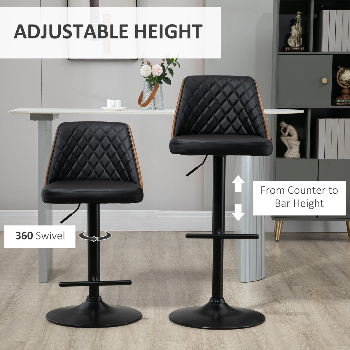 Modern Adjustable Swivel Bar Stools - Set of 2 Black PU Leather-Home Furnishings > Kitchen & Dining Furniture > Bar Stools-DECOROLALA