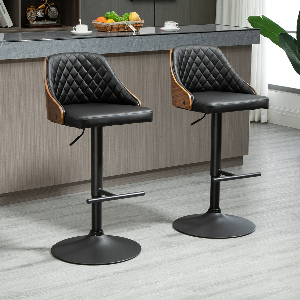 Modern Adjustable Swivel Bar Stools - Set of 2 Black PU Leather-Home Furnishings > Kitchen & Dining Furniture > Bar Stools-DECOROLALA