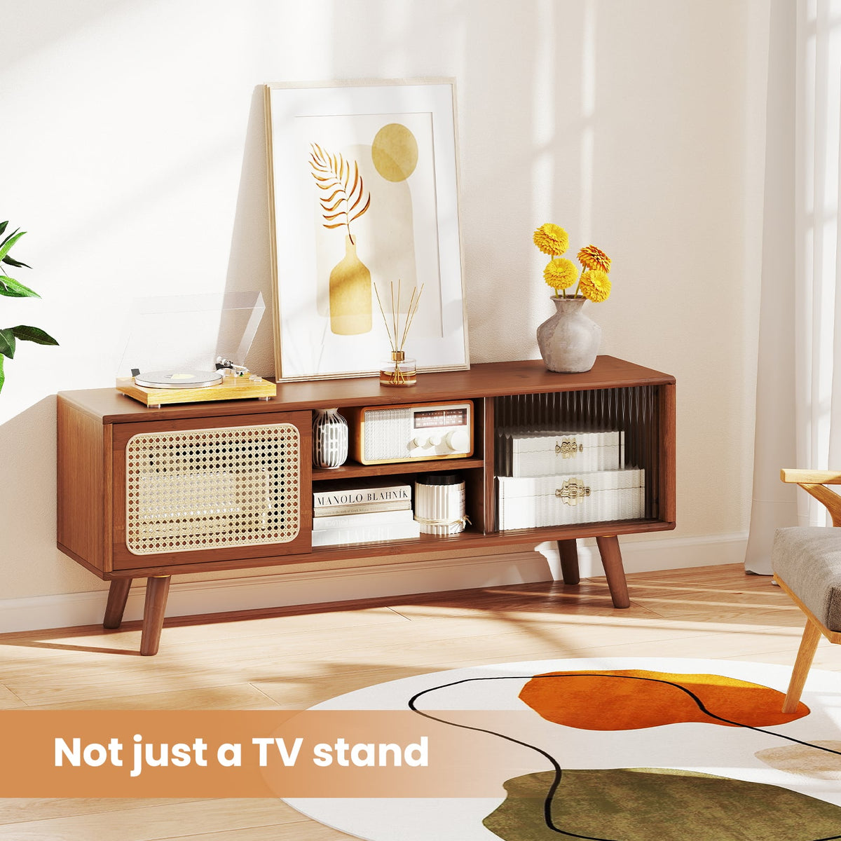 Modern Bamboo TV Stand with Rattan and Glass Doors - 47.5" Natural-Entertainment Centers & TV Stands-DECOROLALA