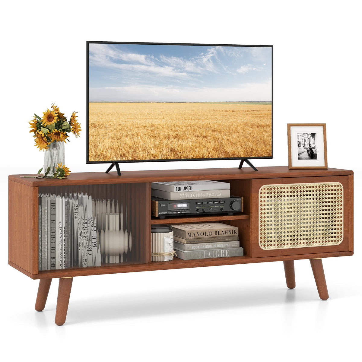 Modern Bamboo TV Stand with Rattan and Glass Doors - 47.5" Natural-Entertainment Centers & TV Stands-DECOROLALA