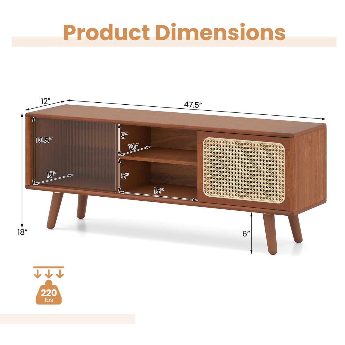 Modern Bamboo TV Stand with Rattan and Glass Doors - 47.5" Natural-Entertainment Centers & TV Stands-DECOROLALA
