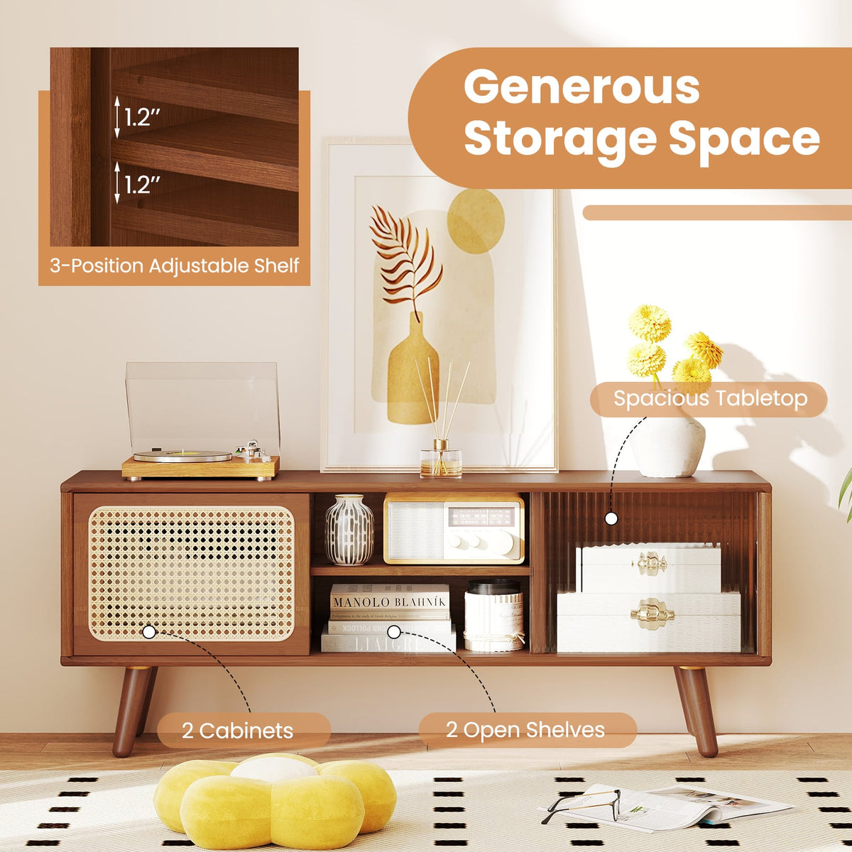 Modern Bamboo TV Stand with Rattan and Glass Doors - 47.5" Natural-Entertainment Centers & TV Stands-DECOROLALA