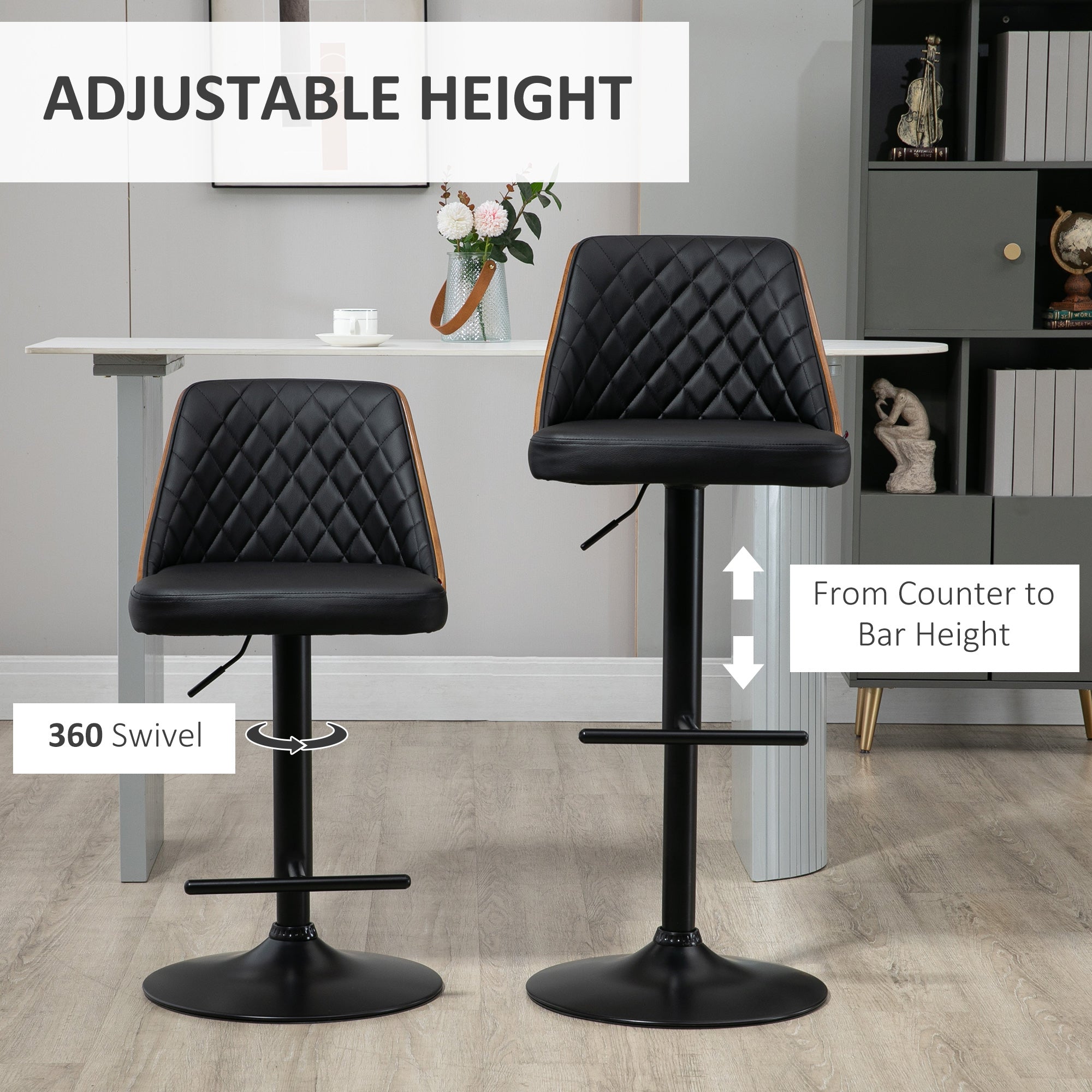 Modern Bar Stools PU Leather Set of 2 Swivel Bar Height Barstools Chairs with Adjustable Height, Round Heavy Metal Base and Footrest, Black-Home Furnishings > Kitchen & Dining Furniture > Bar Stools-DECOROLALA