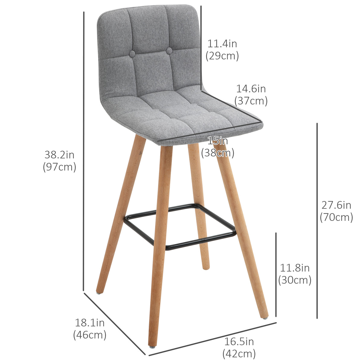 Modern Bar Stools Set of 2 - 38" Grey Upholstered Linen-Home Furnishings > Kitchen & Dining Furniture > Bar Stools-DECOROLALA