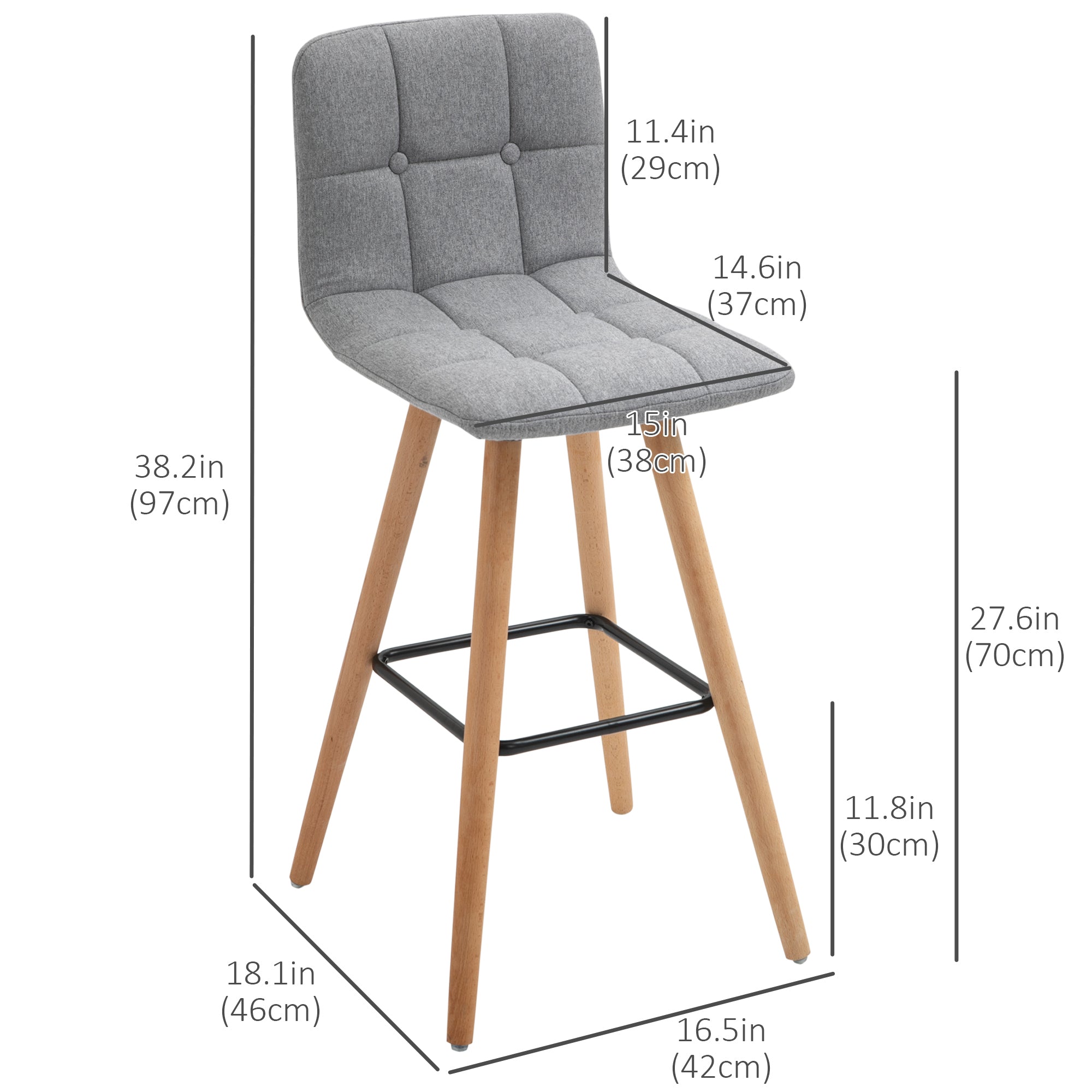 Modern Bar Stools Set of 2 - 38" Grey Upholstered Linen-Home Furnishings > Kitchen & Dining Furniture > Bar Stools-DECOROLALA