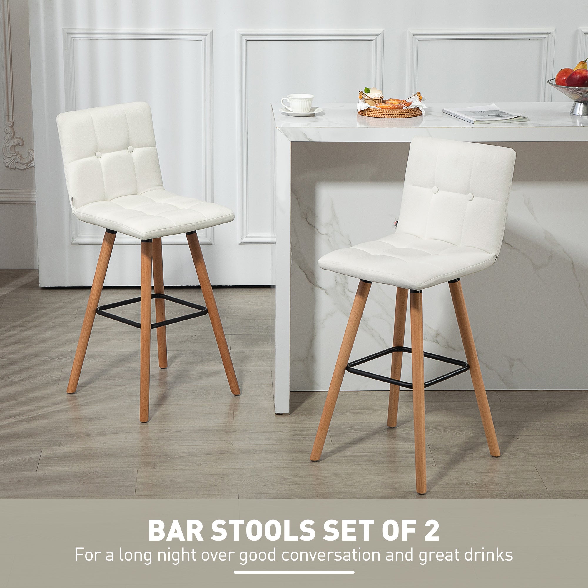 Modern Bar Stools Set of 2, 38" Upholstered Kitchen Island Stool with Solid Wood Legs, White-Home Furnishings > Kitchen & Dining Furniture > Bar Stools-DECOROLALA
