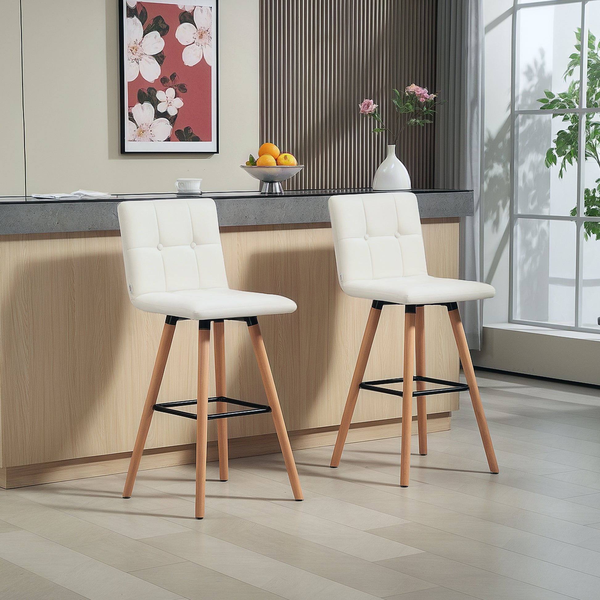 Modern Bar Stools Set of 2, 38" Upholstered Kitchen Island Stool with Solid Wood Legs, White-Home Furnishings > Kitchen & Dining Furniture > Bar Stools-DECOROLALA