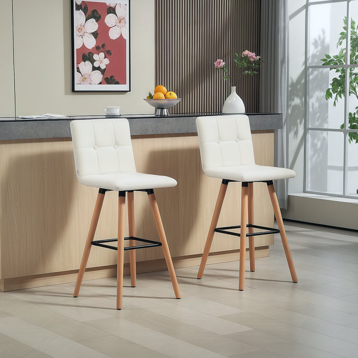 Modern Bar Stools Set of 2 - 38" White Upholstered Stools-Home Furnishings > Kitchen & Dining Furniture > Bar Stools-DECOROLALA