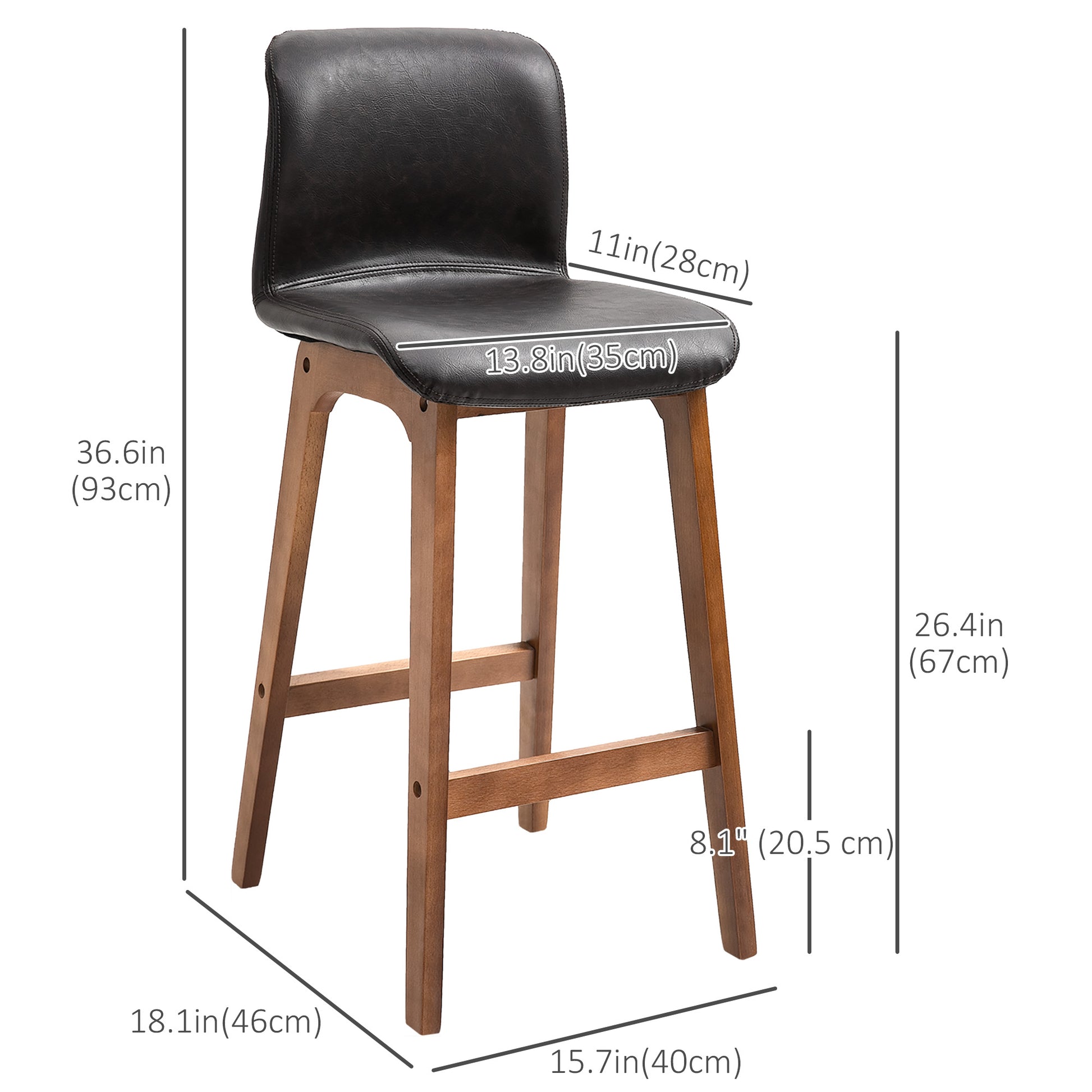 Modern Bar Stools Set of 2 - Dark Brown PU Leather Wooden Frame Dining Chairs-DECOROLALA