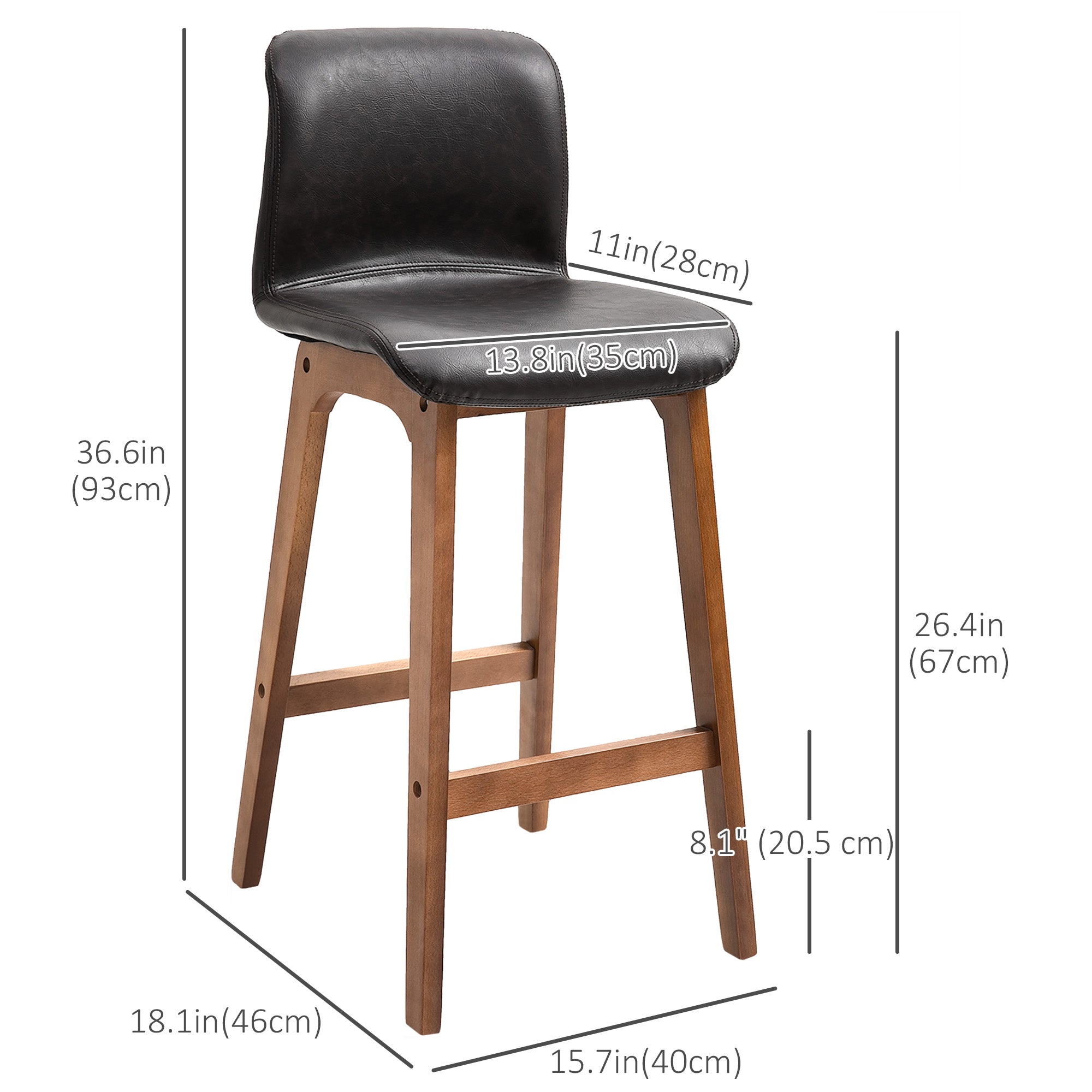 Modern Bar Stools Set of 2 - Dark Brown PU Leather Wooden Frame Dining Chairs-DECOROLALA