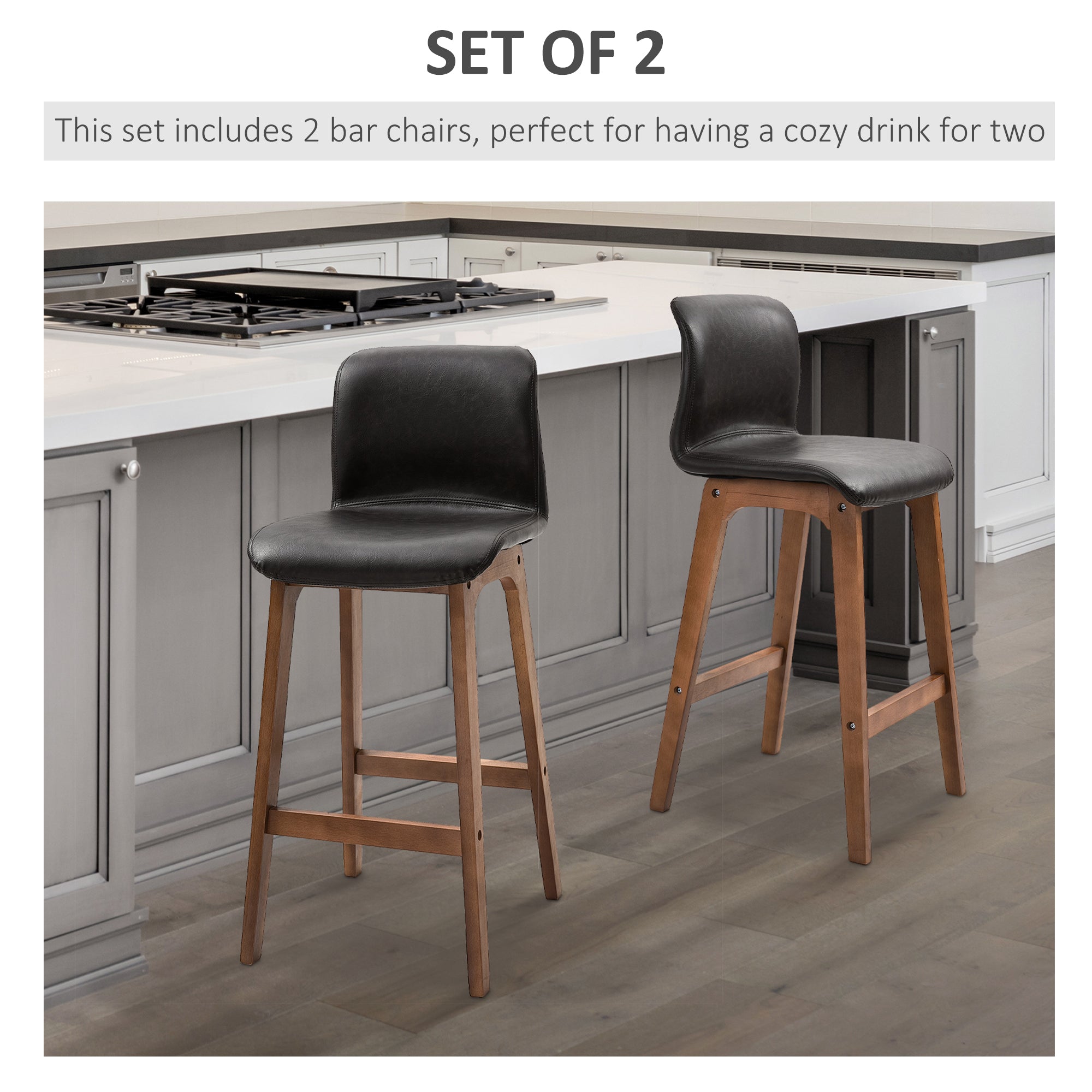 Modern Bar Stools Set of 2 - Dark Brown PU Leather Wooden Frame Dining Chairs-DECOROLALA