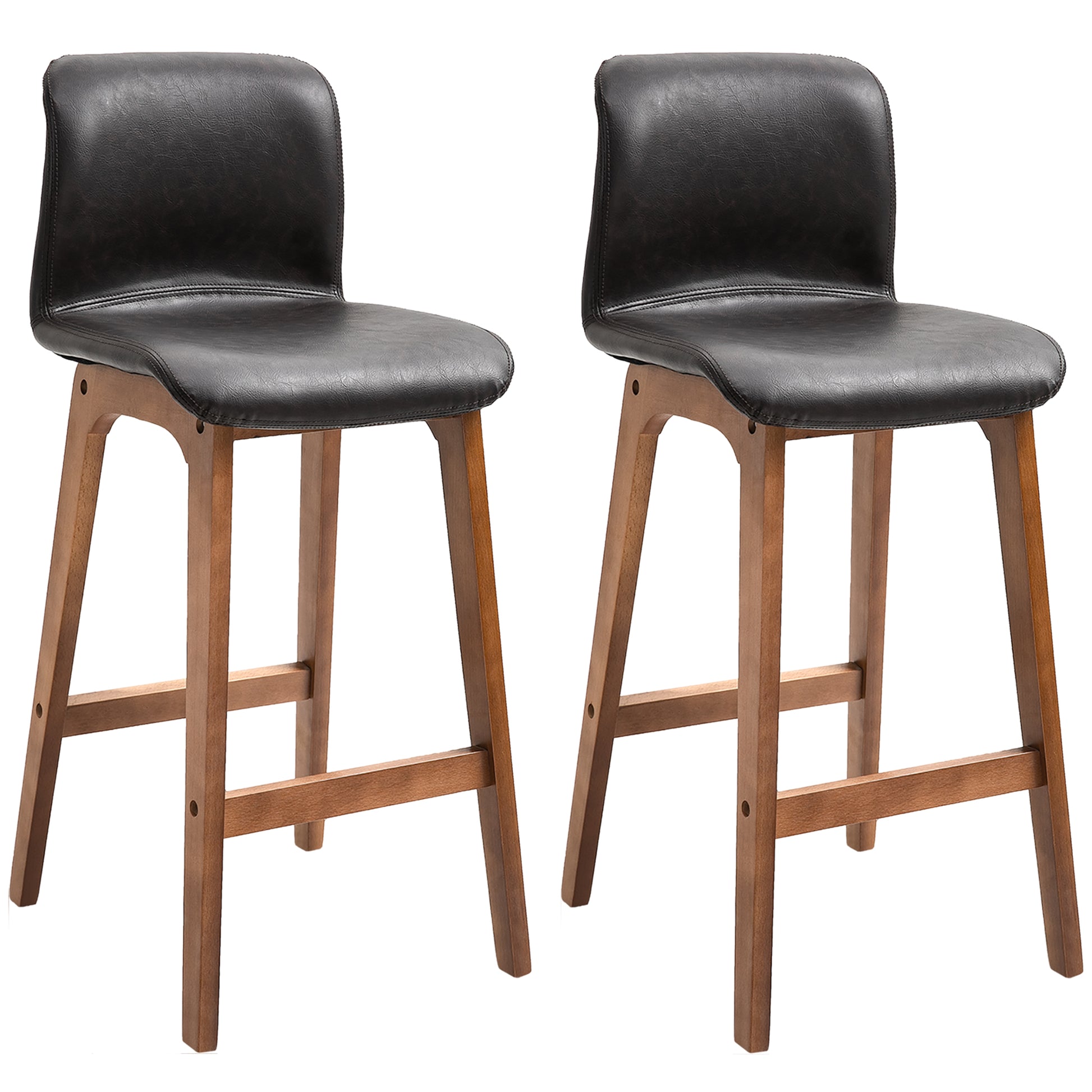 Modern Bar Stools Set of 2 - Dark Brown PU Leather Wooden Frame Dining Chairs-DECOROLALA