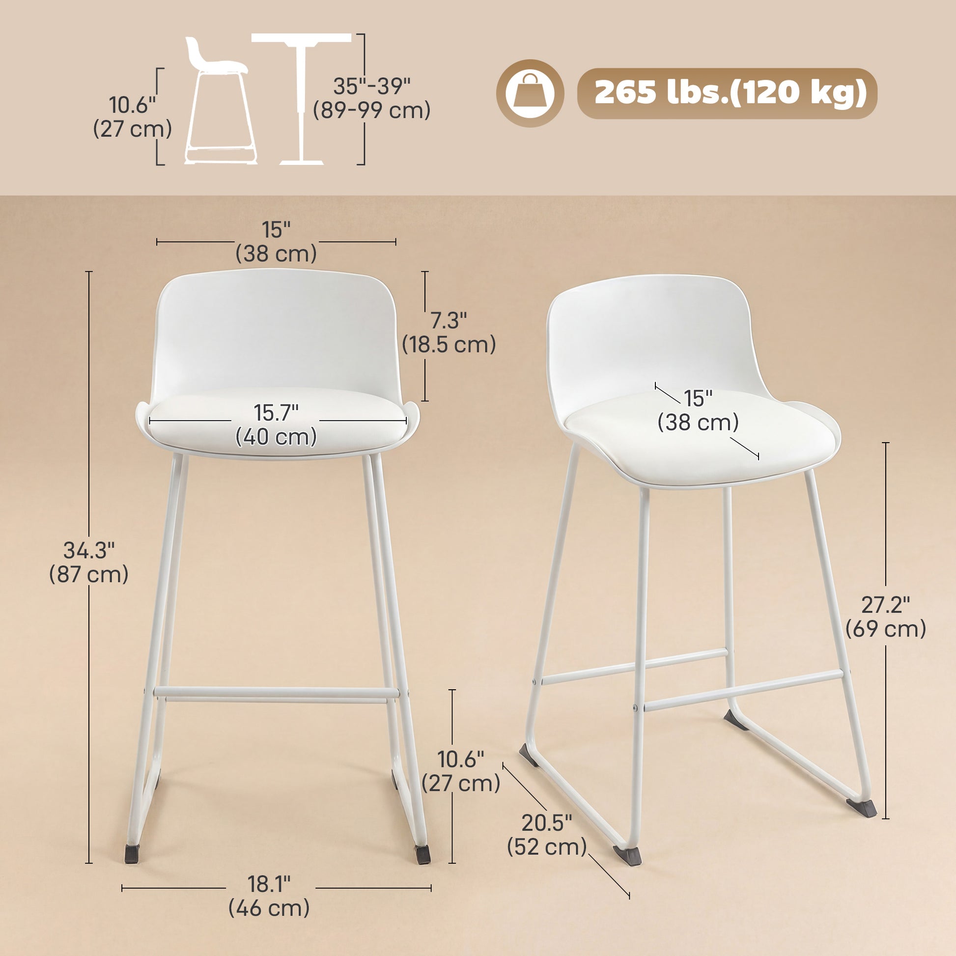 Modern Bar Stools Set of 2, PU Leather Barstools, Counter Height Kitchen Chairs for Breakfast Bars, Dining Room, White-Home Furnishings > Kitchen & Dining Furniture > Bar Stools-DECOROLALA