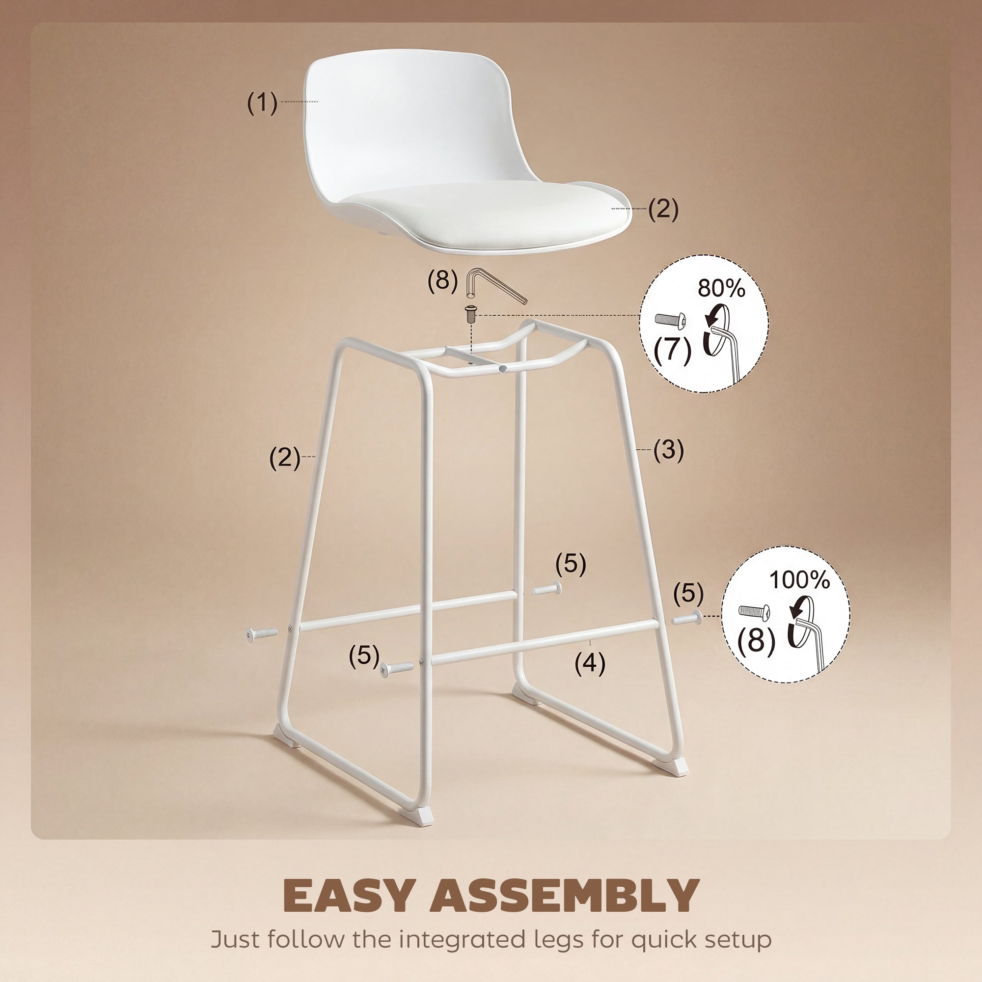 Modern Bar Stools Set of 2, PU Leather Barstools, Counter Height Kitchen Chairs for Breakfast Bars, Dining Room, White-Home Furnishings > Kitchen & Dining Furniture > Bar Stools-DECOROLALA