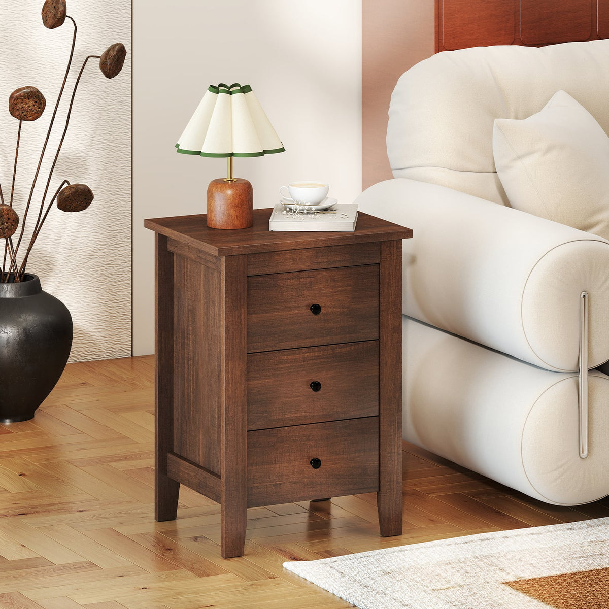 Modern Bedside Cabinet with 3 Drawers for Living Room and Bedroom-Walnut-Nightstands-DECOROLALA