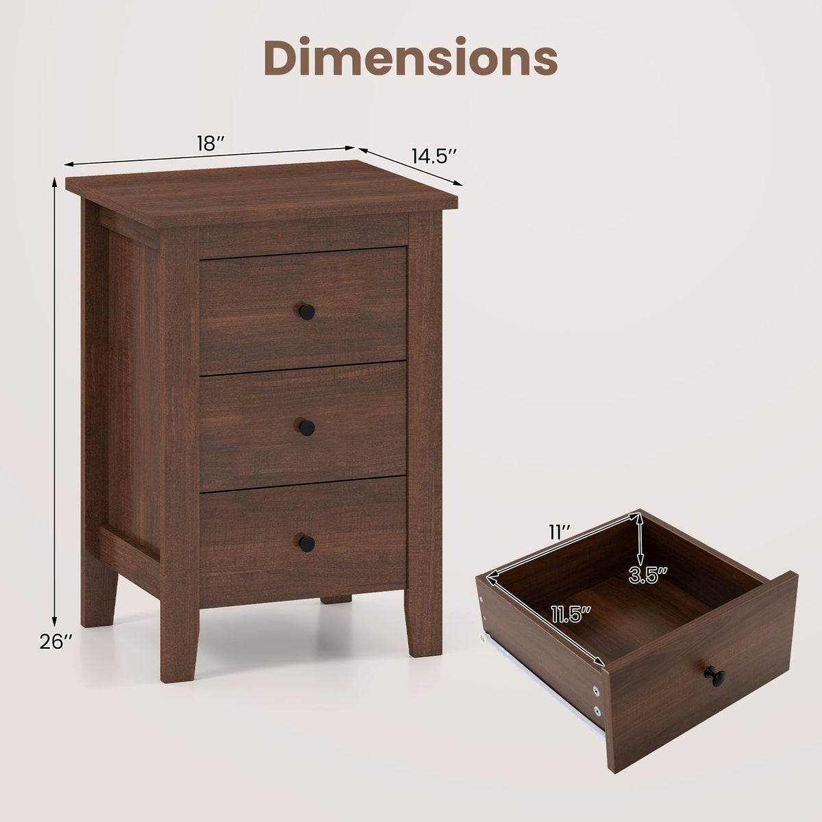 Modern Bedside Cabinet with 3 Drawers for Living Room and Bedroom-Walnut-Nightstands-DECOROLALA