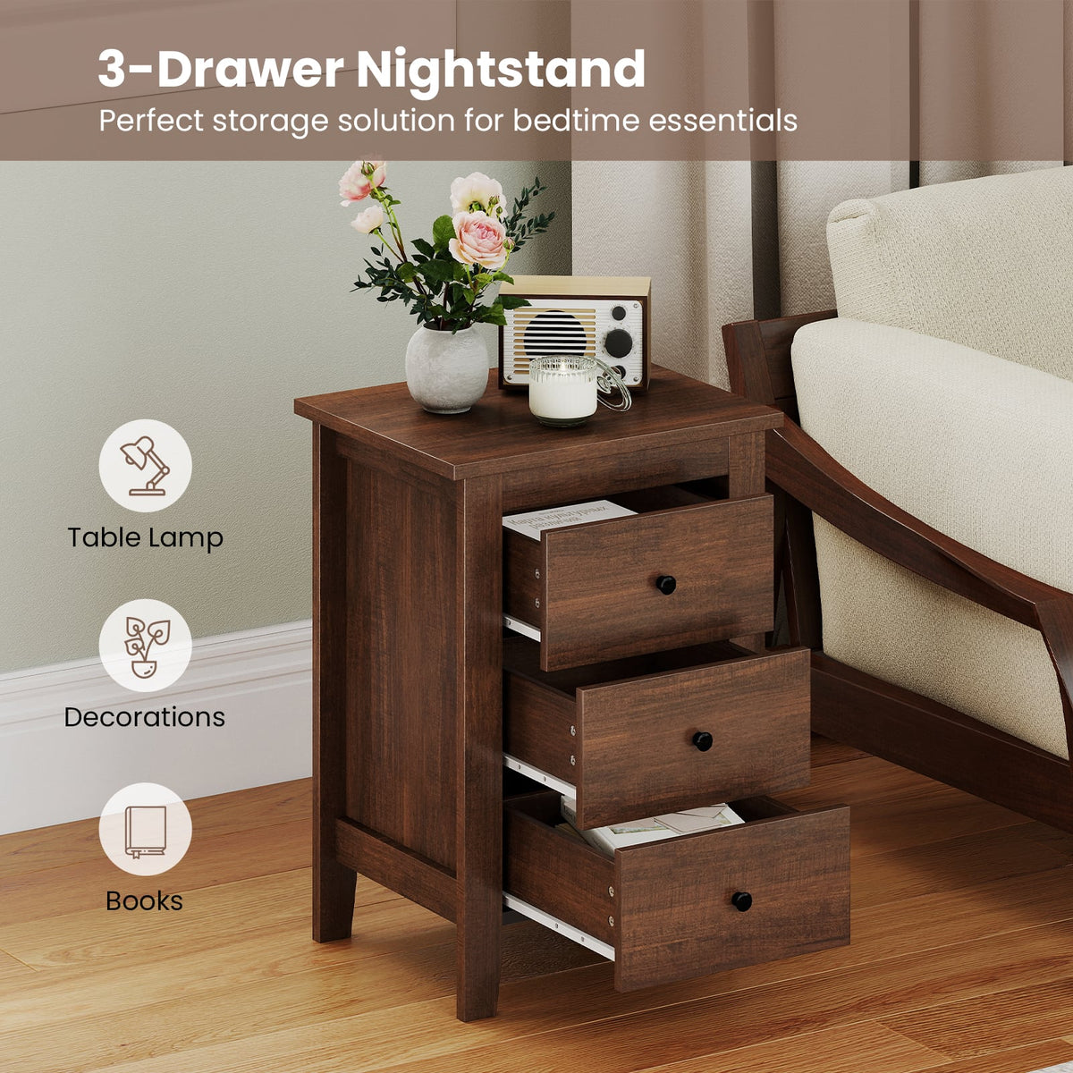 Modern Bedside Cabinet with 3 Drawers for Living Room and Bedroom-Walnut-Nightstands-DECOROLALA