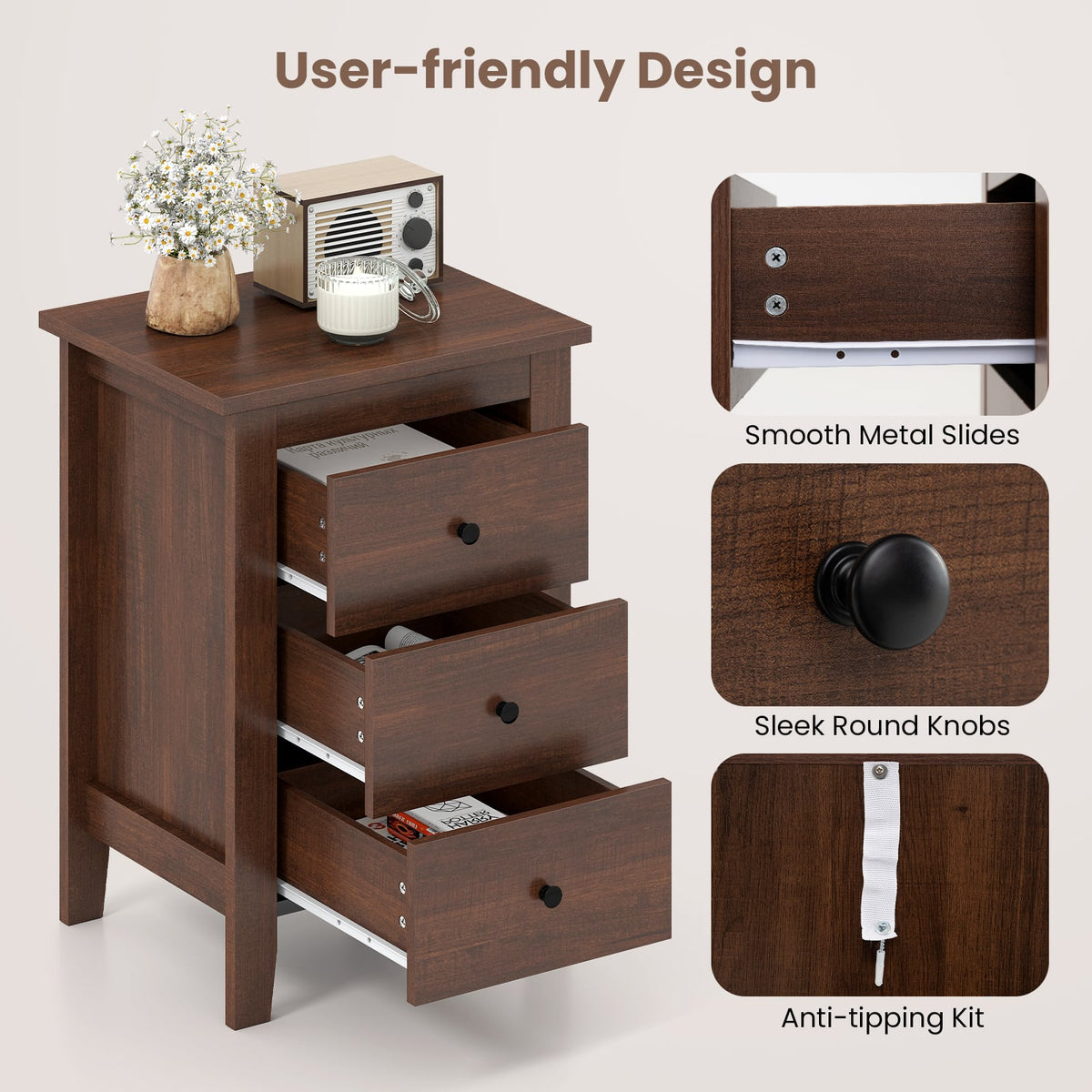 Modern Bedside Cabinet with 3 Drawers for Living Room and Bedroom-Walnut-Nightstands-DECOROLALA
