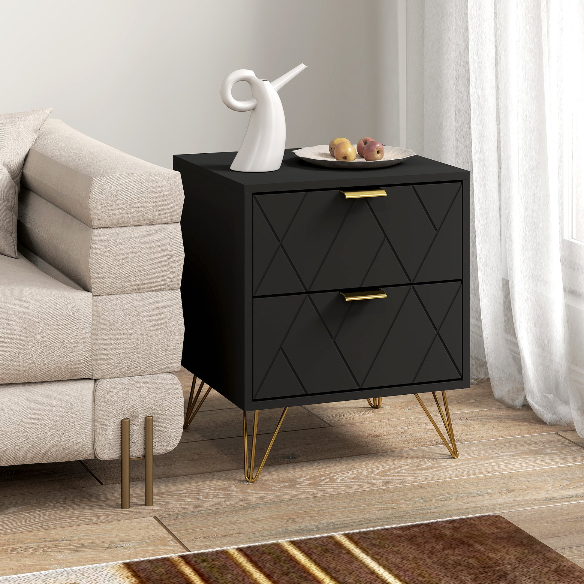 Modern Bedside Table, Accent Nightstand with 2 Drawers, Bed End Table for Bedroom, Black-Home Furnishings > Bedroom Furniture > Bedside Tables-DECOROLALA