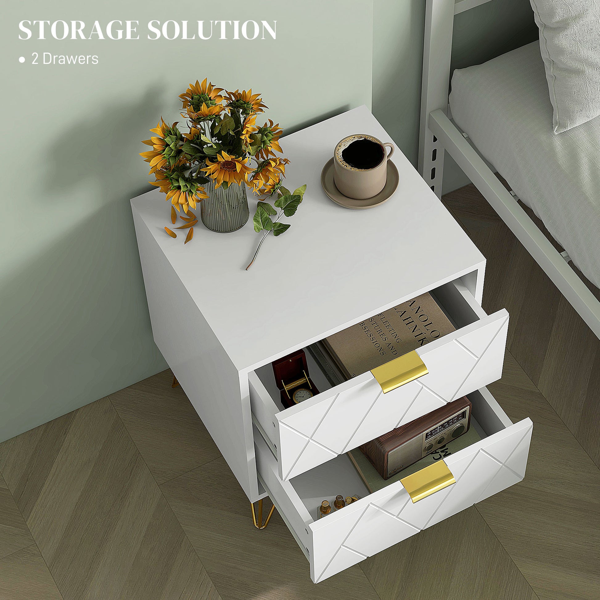 Modern Bedside Table, Accent Nightstand with 2 Drawers, Bed End Table for Bedroom, Living Room, White-Home Furnishings > Bedroom Furniture > Bedside Tables-DECOROLALA