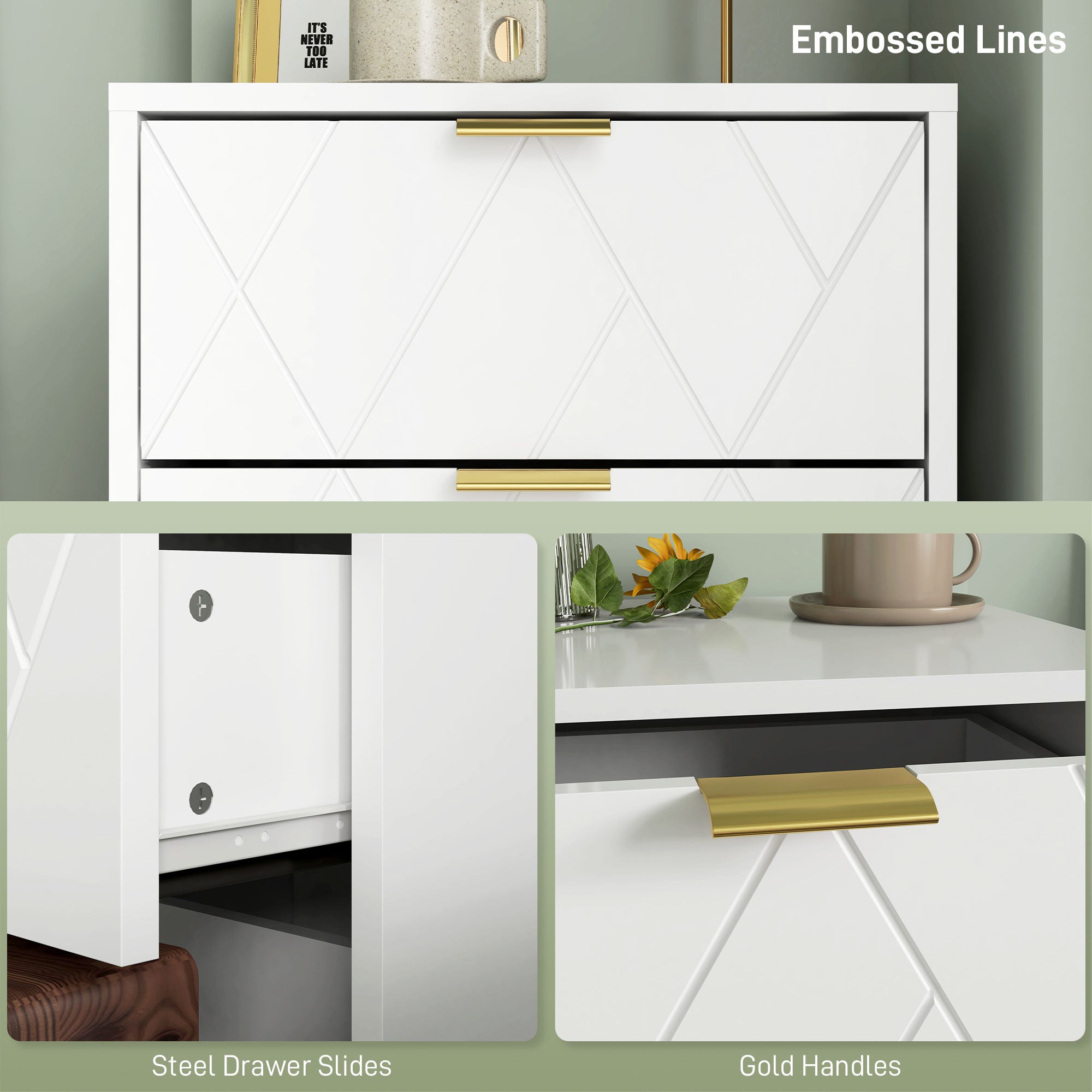 Modern Bedside Table, Accent Nightstand with 2 Drawers, Bed End Table for Bedroom, Living Room, White-Home Furnishings > Bedroom Furniture > Bedside Tables-DECOROLALA