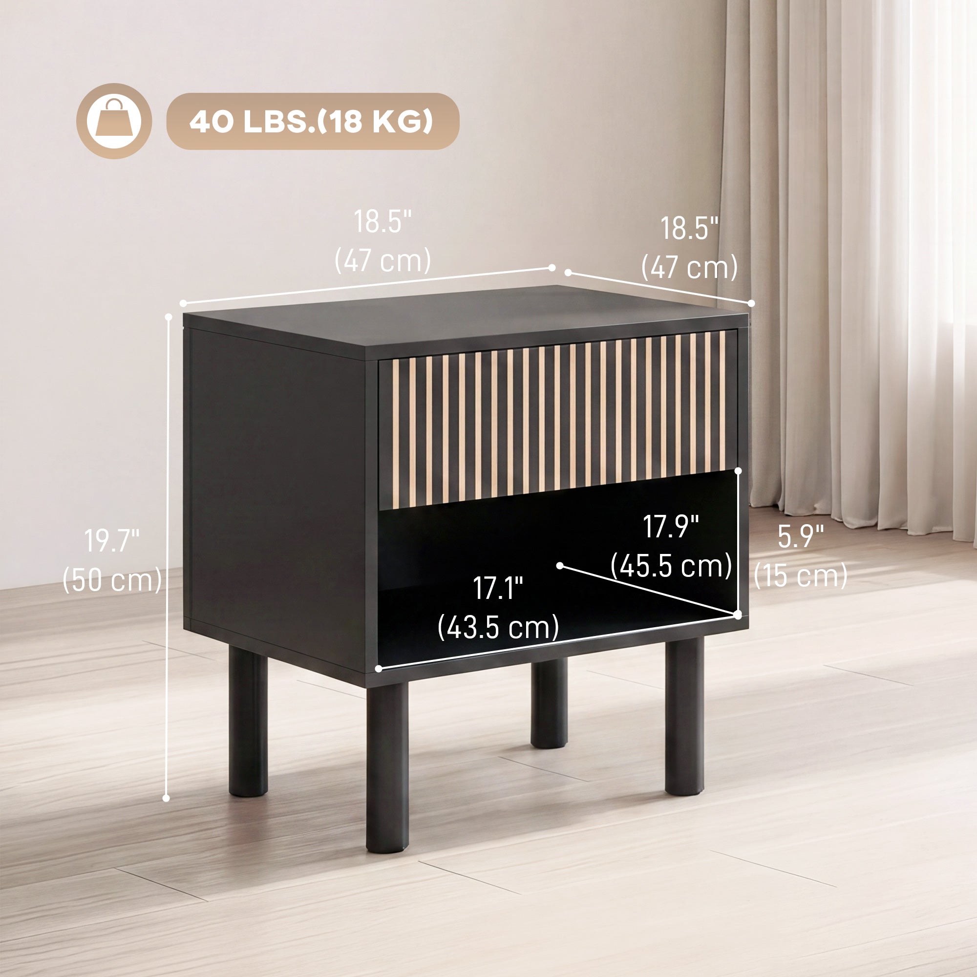 Modern Bedside Table - Black Nightstand with Drawer 18.5"-Home Furnishings > Bedroom Furniture > Bedside Tables-DECOROLALA