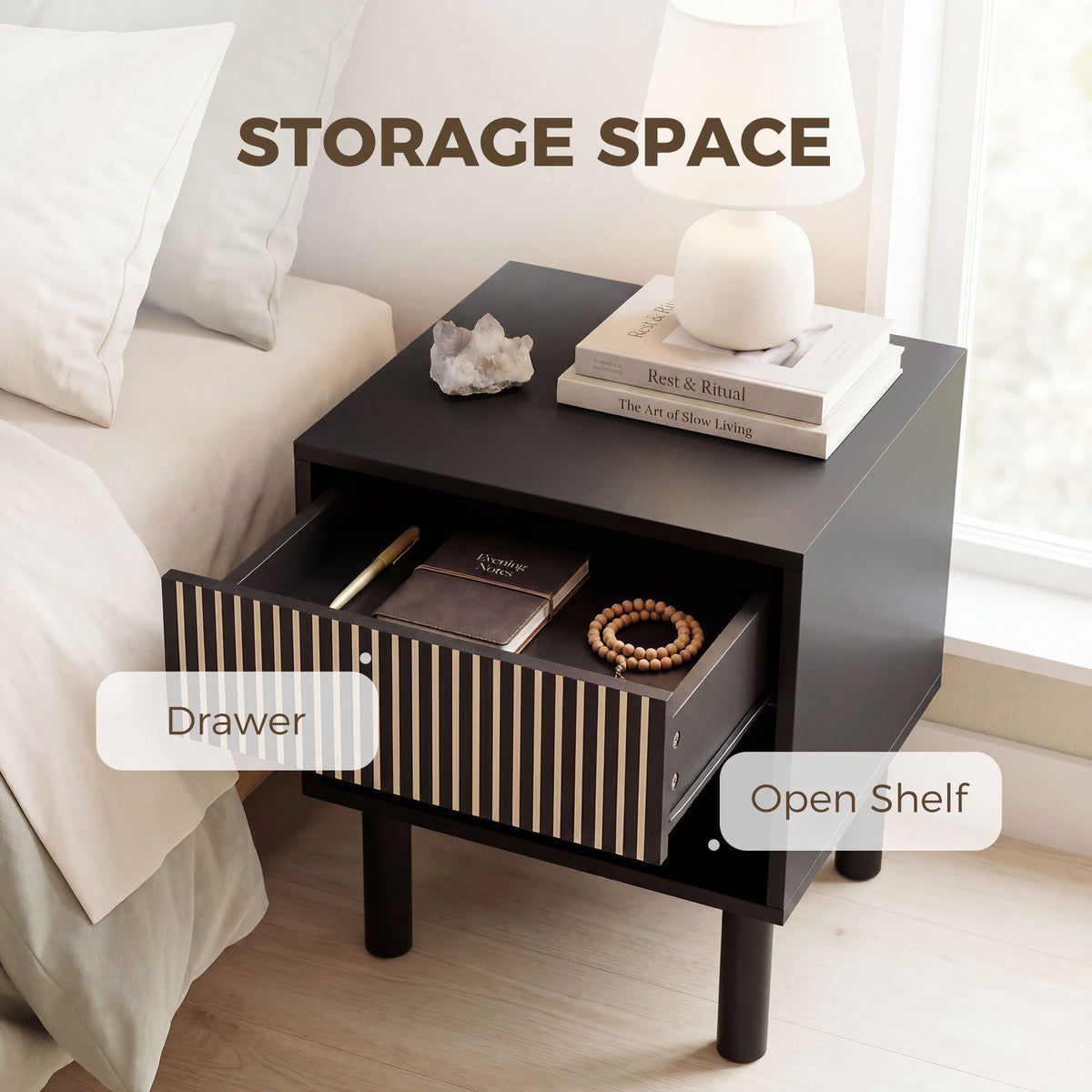 Modern Bedside Table - Black Nightstand with Drawer 18.5"-Home Furnishings > Bedroom Furniture > Bedside Tables-DECOROLALA