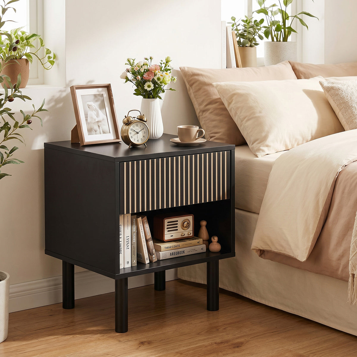 Modern Bedside Table - Black Nightstand with Drawer 18.5"-Home Furnishings > Bedroom Furniture > Bedside Tables-DECOROLALA