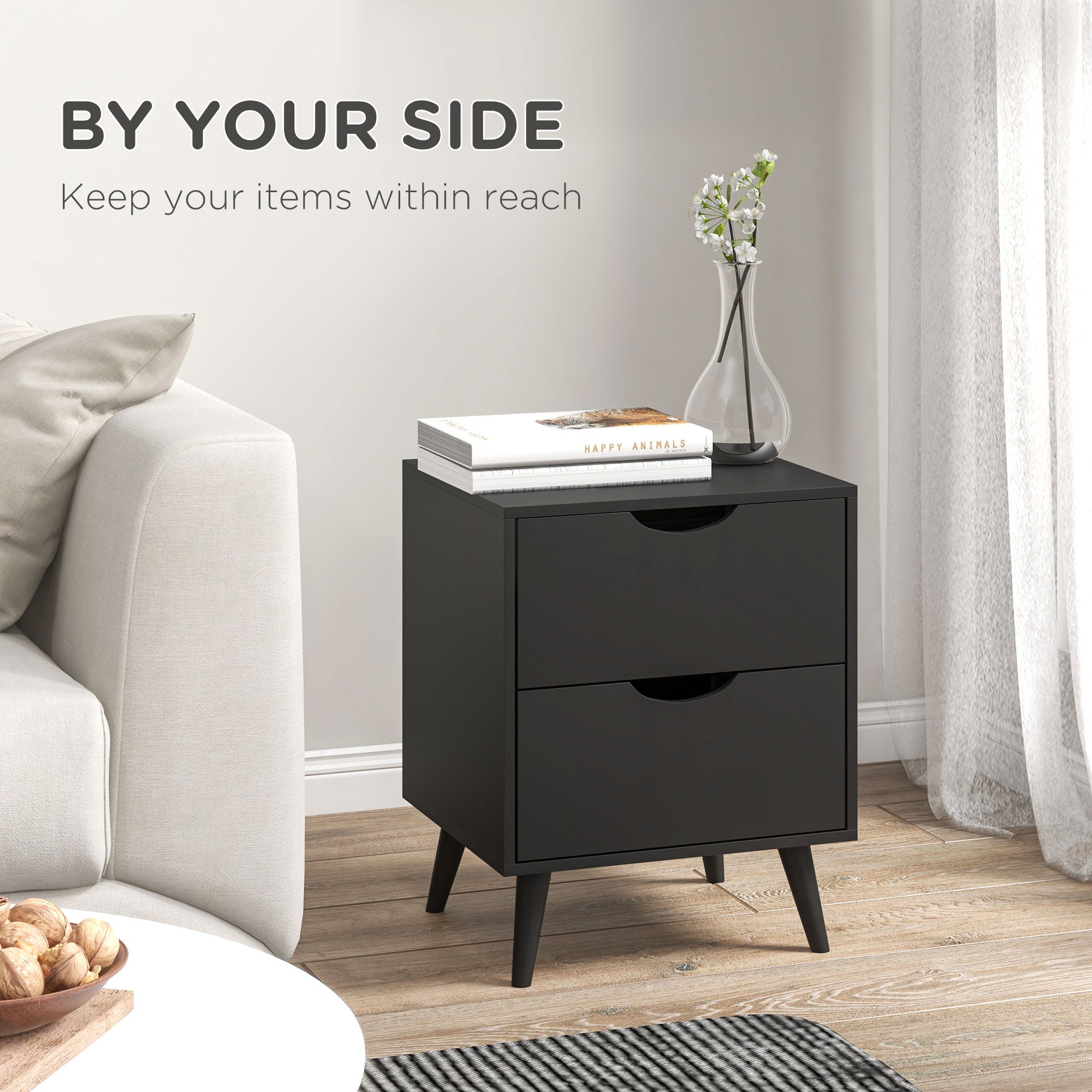 Modern Bedside Table, Nightstand with 2 Drawers and Pine Wood Legs for Bedroom, Living Room, Black-Home Furnishings > Bedroom Furniture > Bedside Tables-DECOROLALA