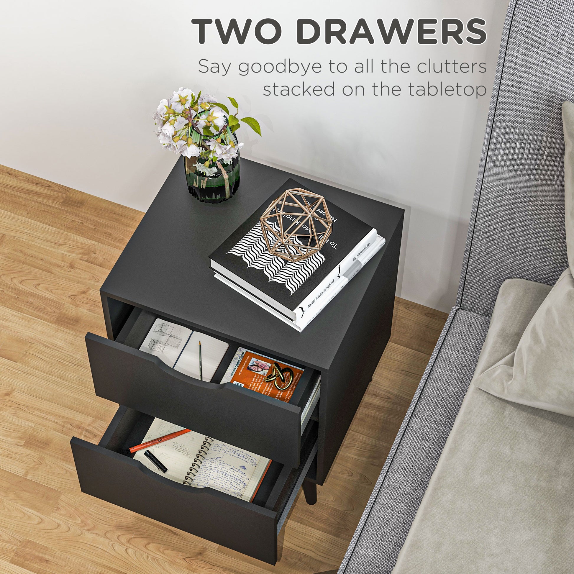 Modern Bedside Table, Nightstand with 2 Drawers and Pine Wood Legs for Bedroom, Living Room, Black-Home Furnishings > Bedroom Furniture > Bedside Tables-DECOROLALA