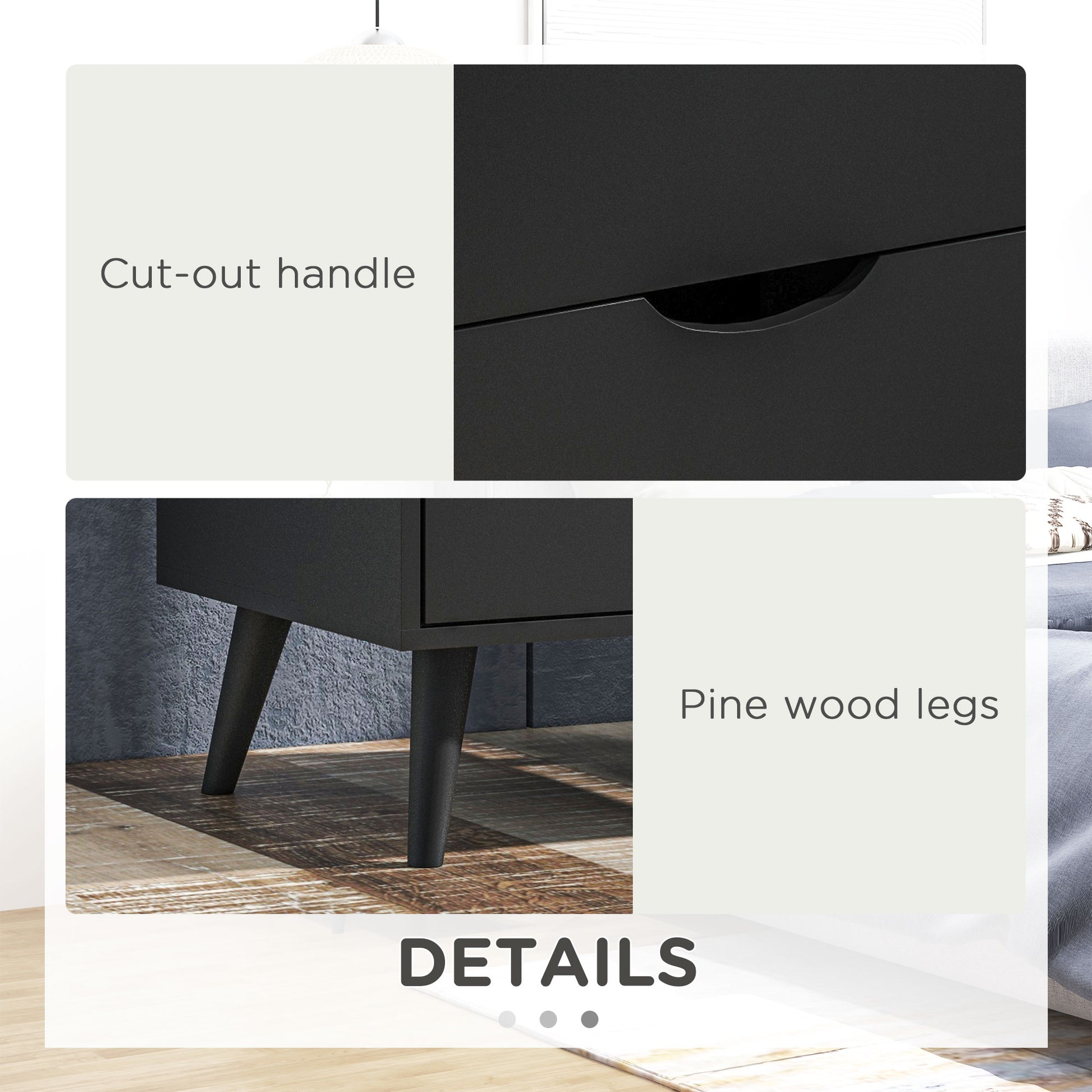 Modern Bedside Table, Nightstand with 2 Drawers and Pine Wood Legs for Bedroom, Living Room, Black-Home Furnishings > Bedroom Furniture > Bedside Tables-DECOROLALA