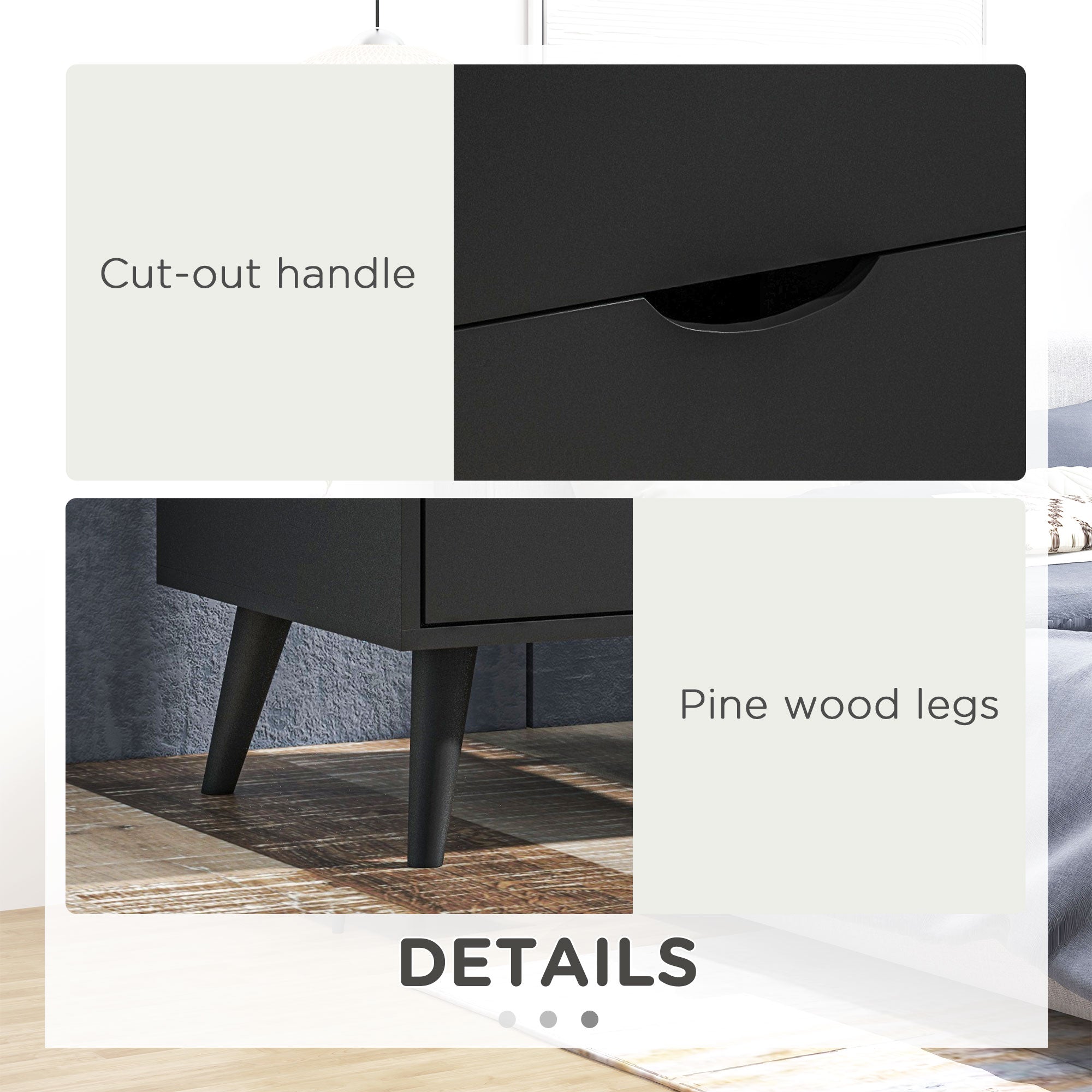 Modern Bedside Table, Nightstand with 2 Drawers and Pine Wood Legs for Bedroom, Living Room, Black-Home Furnishings > Bedroom Furniture > Bedside Tables-DECOROLALA