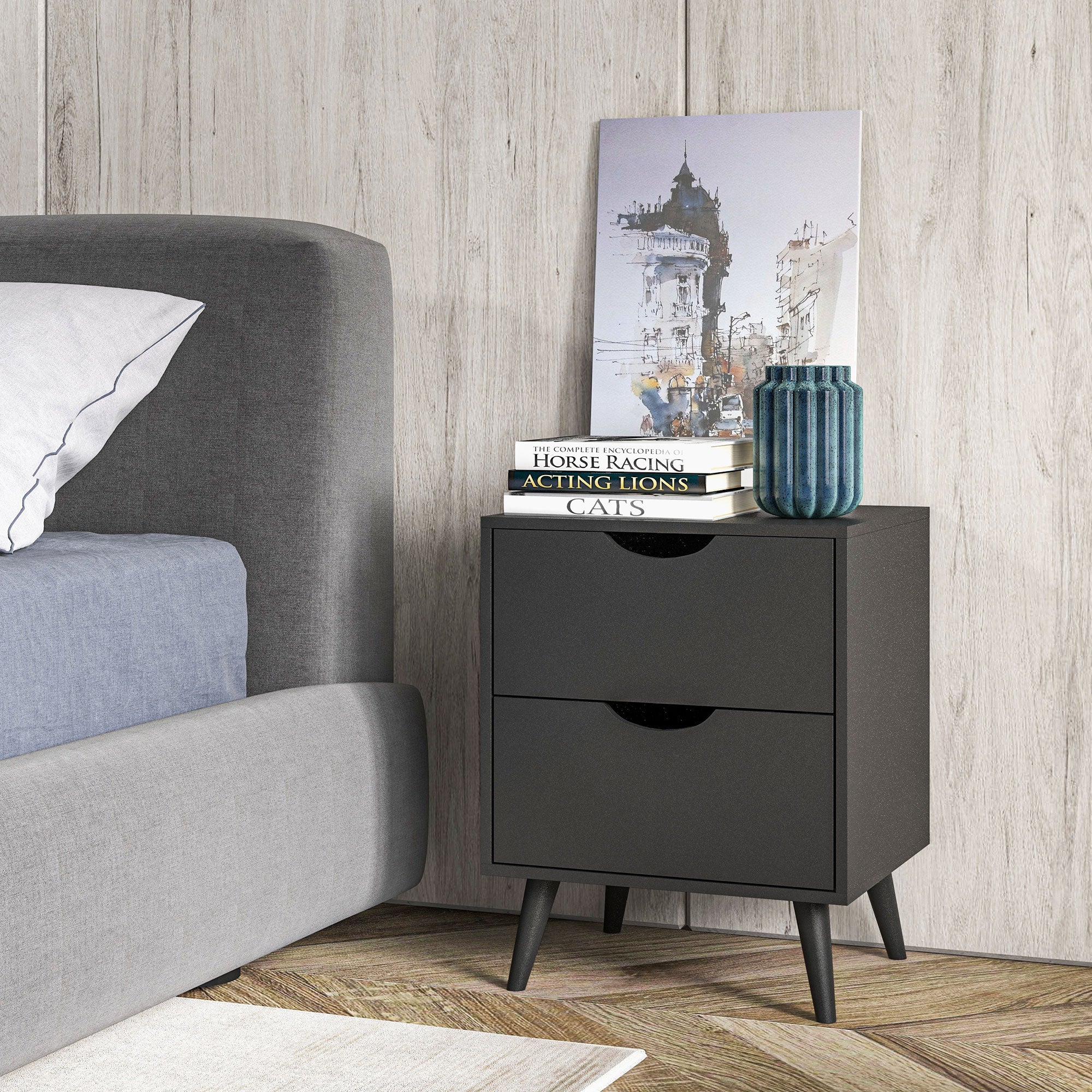 Modern Bedside Table, Nightstand with 2 Drawers and Pine Wood Legs for Bedroom, Living Room, Black-Home Furnishings > Bedroom Furniture > Bedside Tables-DECOROLALA