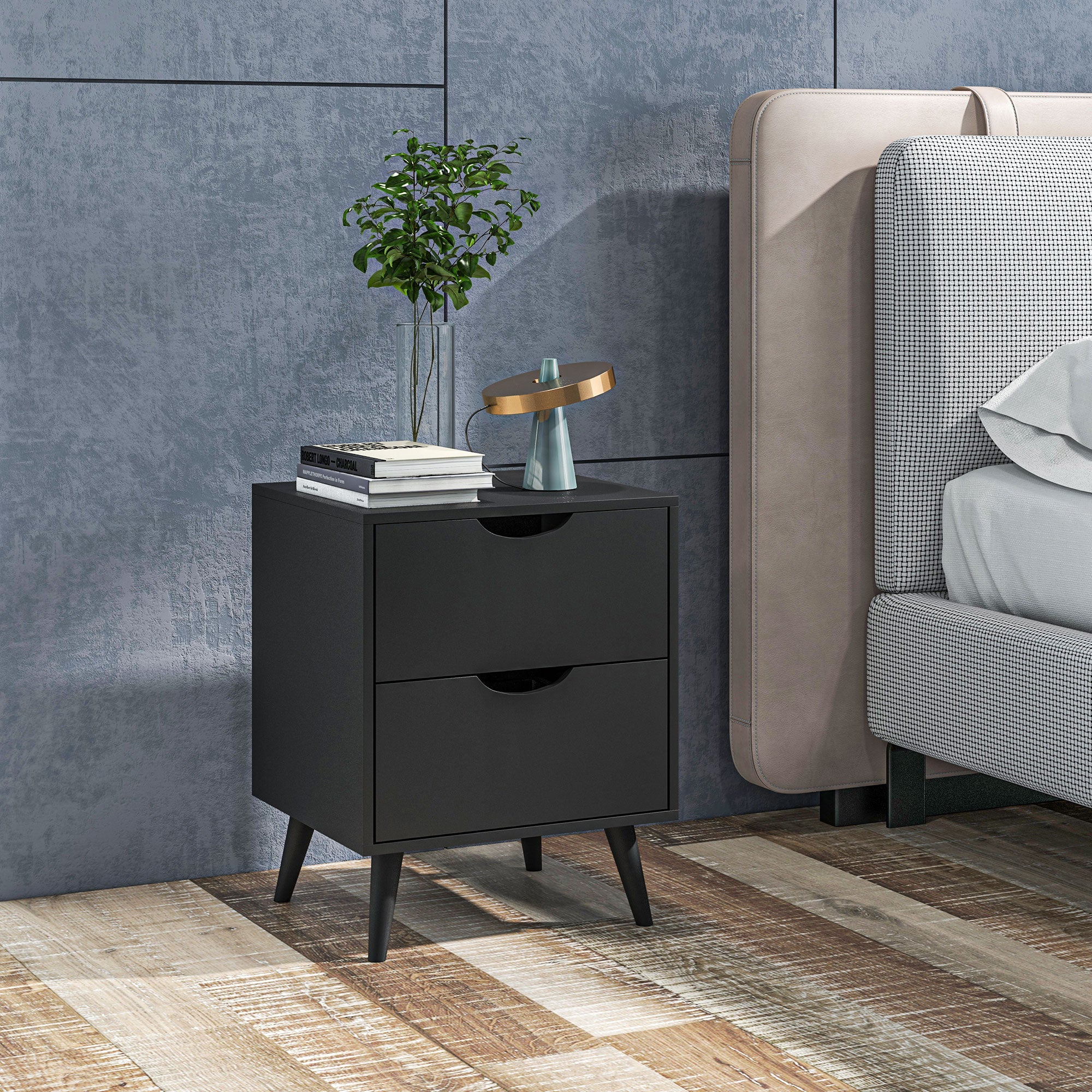 Modern Bedside Table, Nightstand with 2 Drawers and Pine Wood Legs for Bedroom, Living Room, Black-Home Furnishings > Bedroom Furniture > Bedside Tables-DECOROLALA
