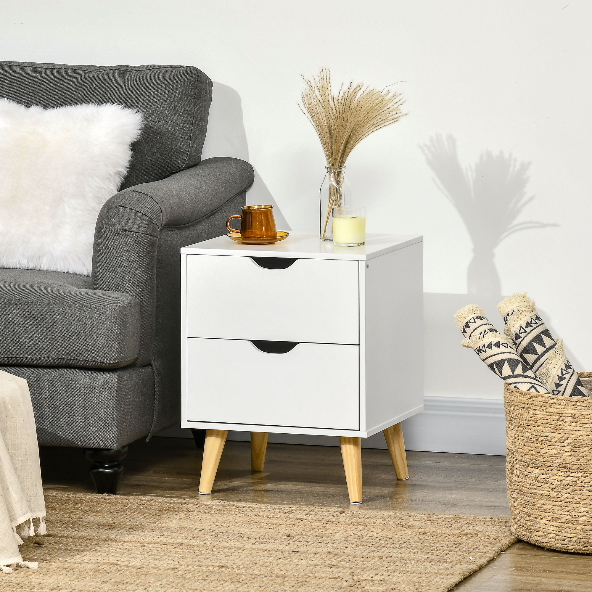 Modern Bedside Table, Nightstand with 2 Drawers and Pine Wood Legs for Bedroom, Living Room, White-Home Furnishings > Bedroom Furniture > Bedside Tables-DECOROLALA