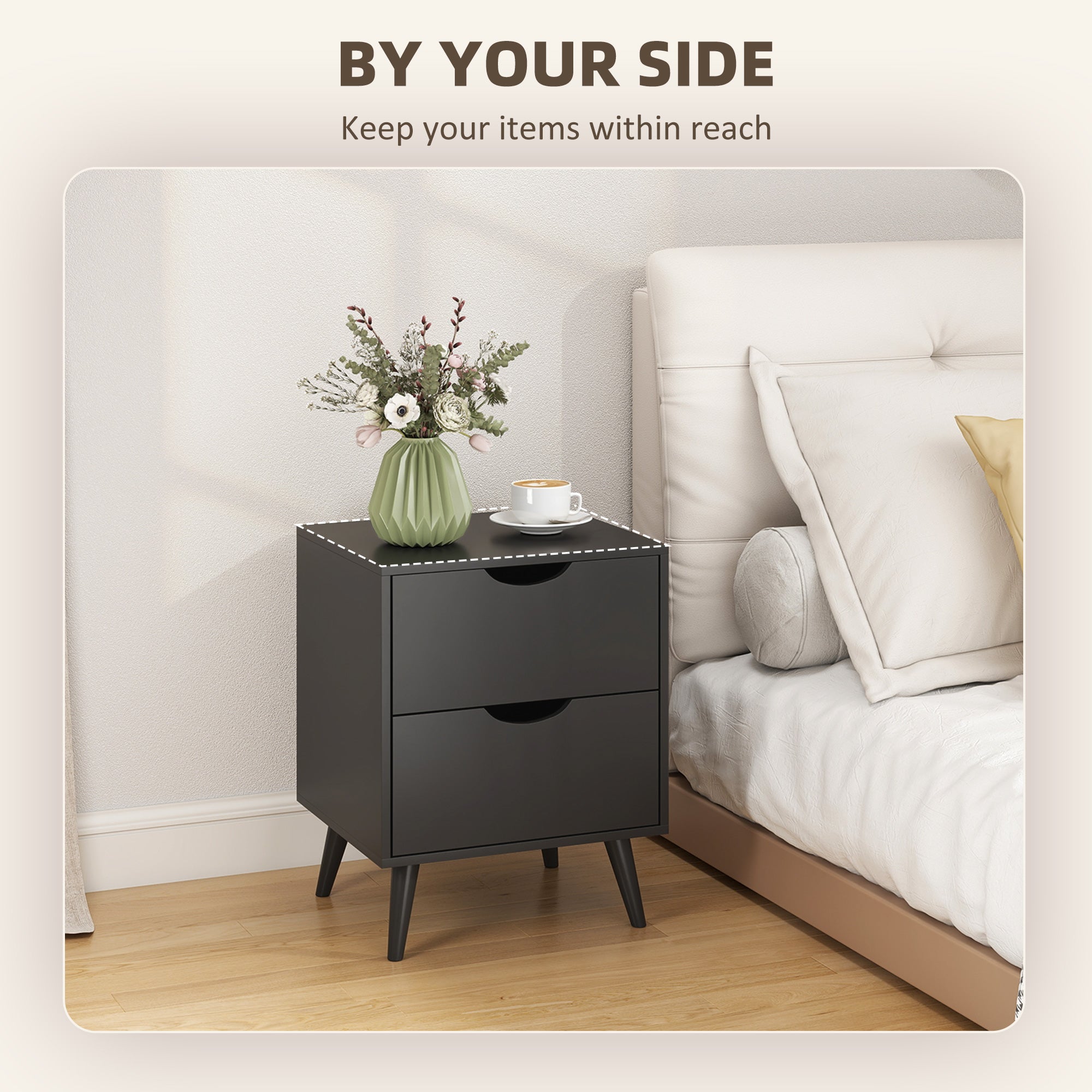 Modern Bedside Table Set of 2, Nightstand with 2 Drawers and Pine Wood Legs for Bedroom, Black-Home Furnishings > Bedroom Furniture > Bedside Tables-DECOROLALA