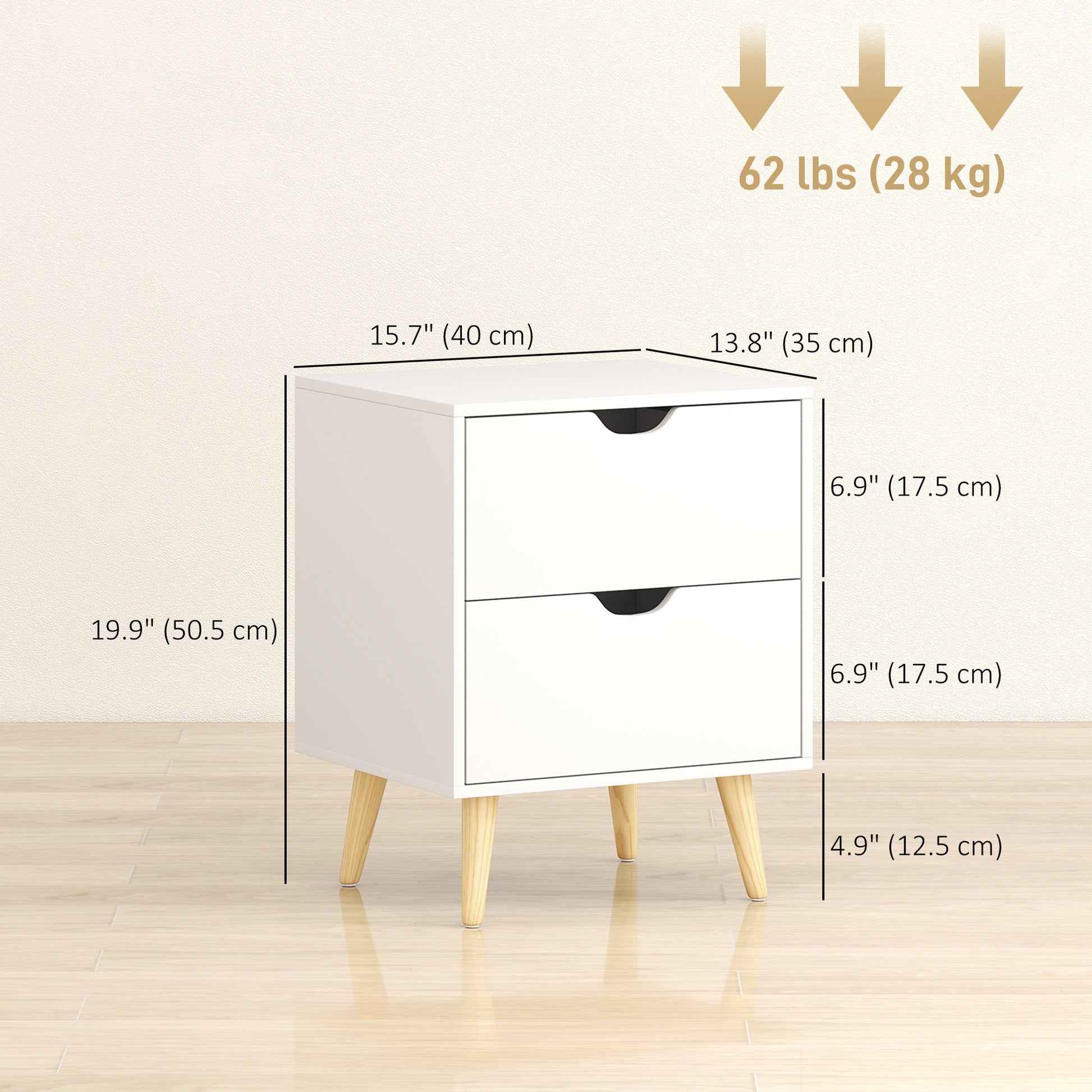 Modern Bedside Table Set of 2, Nightstand with 2 Drawers and Pine Wood Legs for Bedroom, White-Home Furnishings > Bedroom Furniture > Bedside Tables-DECOROLALA